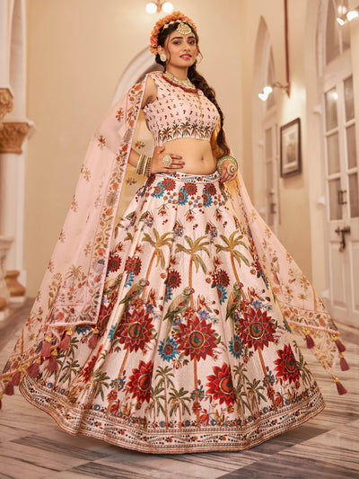 Off-White Printed Traditional Lehenga Choli With Organza Dupatta for Women
