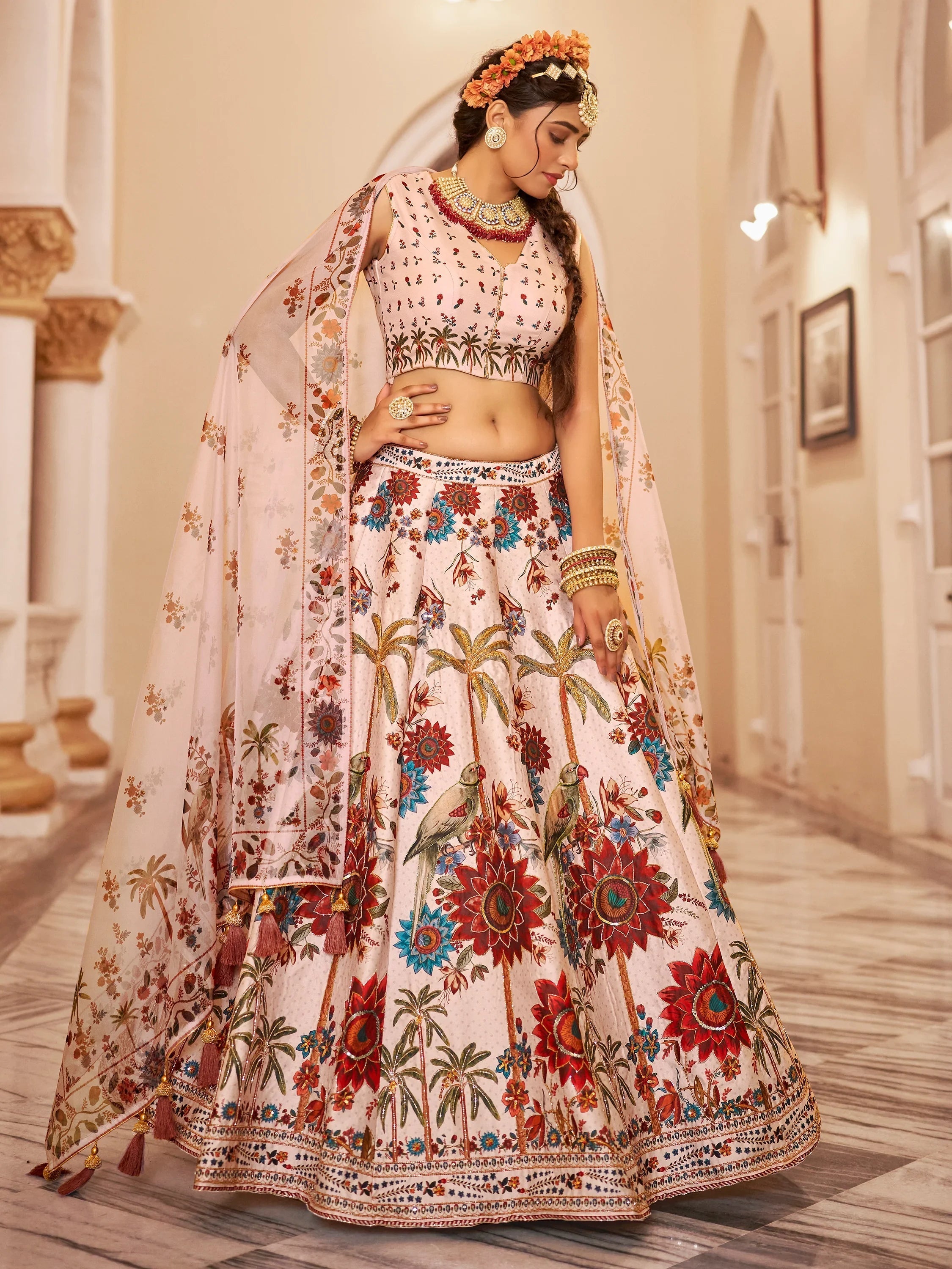 Off-White Printed Traditional Lehenga Choli With Organza Dupatta for Women