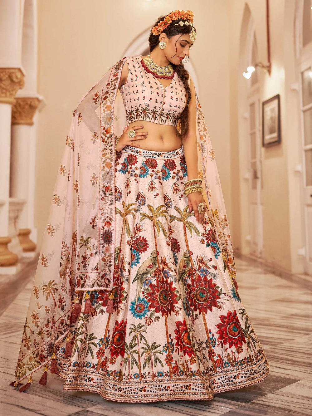 Off-White Printed Traditional Lehenga Choli With Organza Dupatta for Women