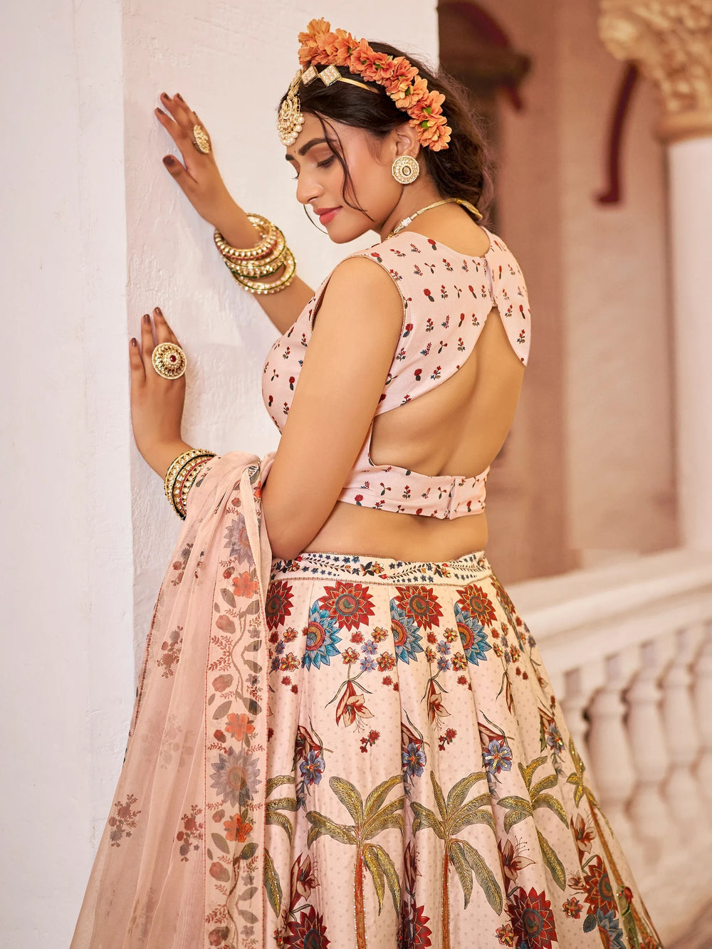 Off-White Printed Traditional Lehenga Choli With Organza Dupatta for Women