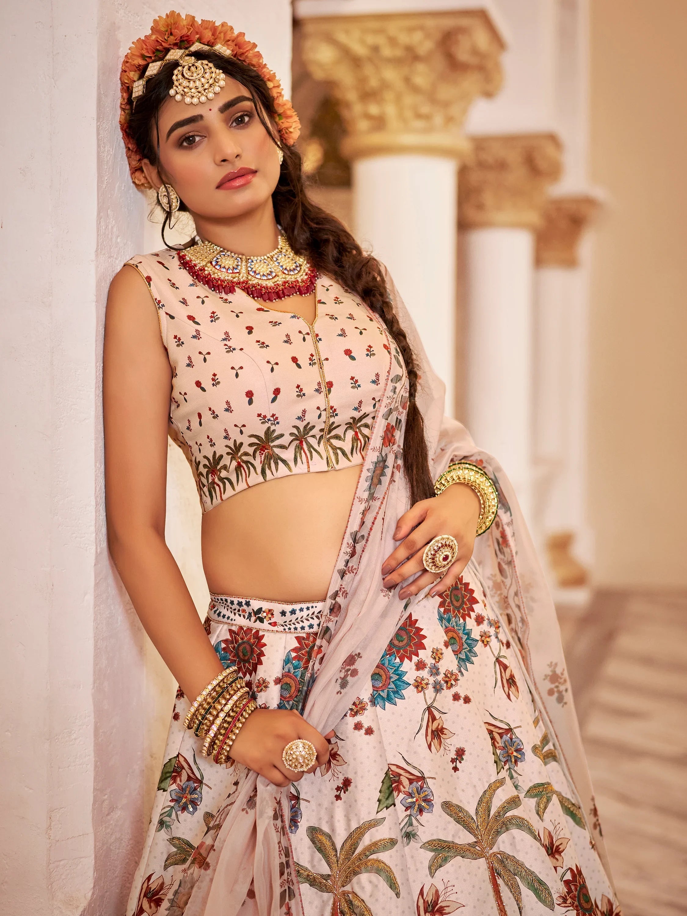 Off-White Printed Traditional Lehenga Choli With Organza Dupatta for Women