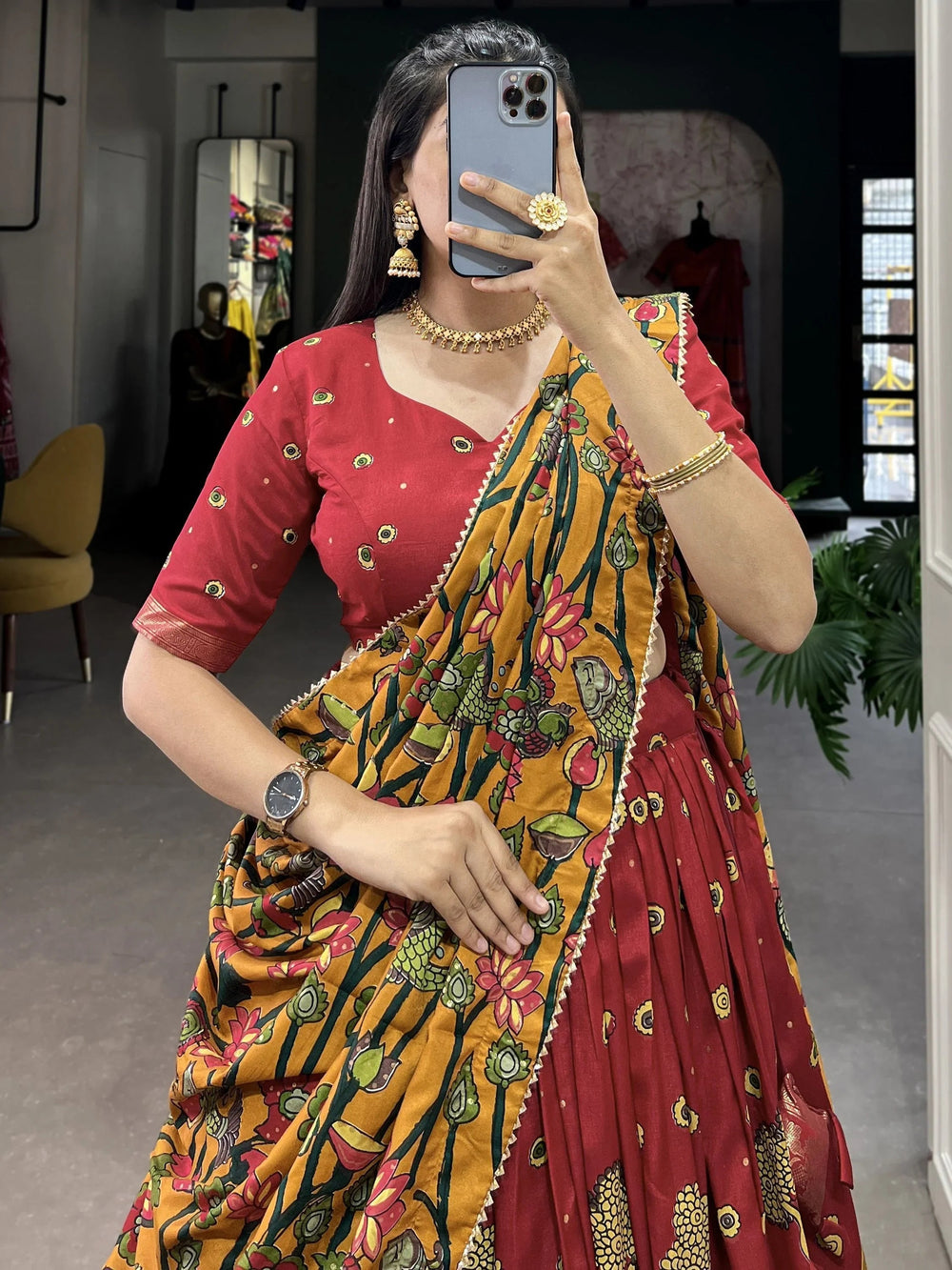 Red Tussar Silk Kalamkari Printed Traditional Lehenga Choli