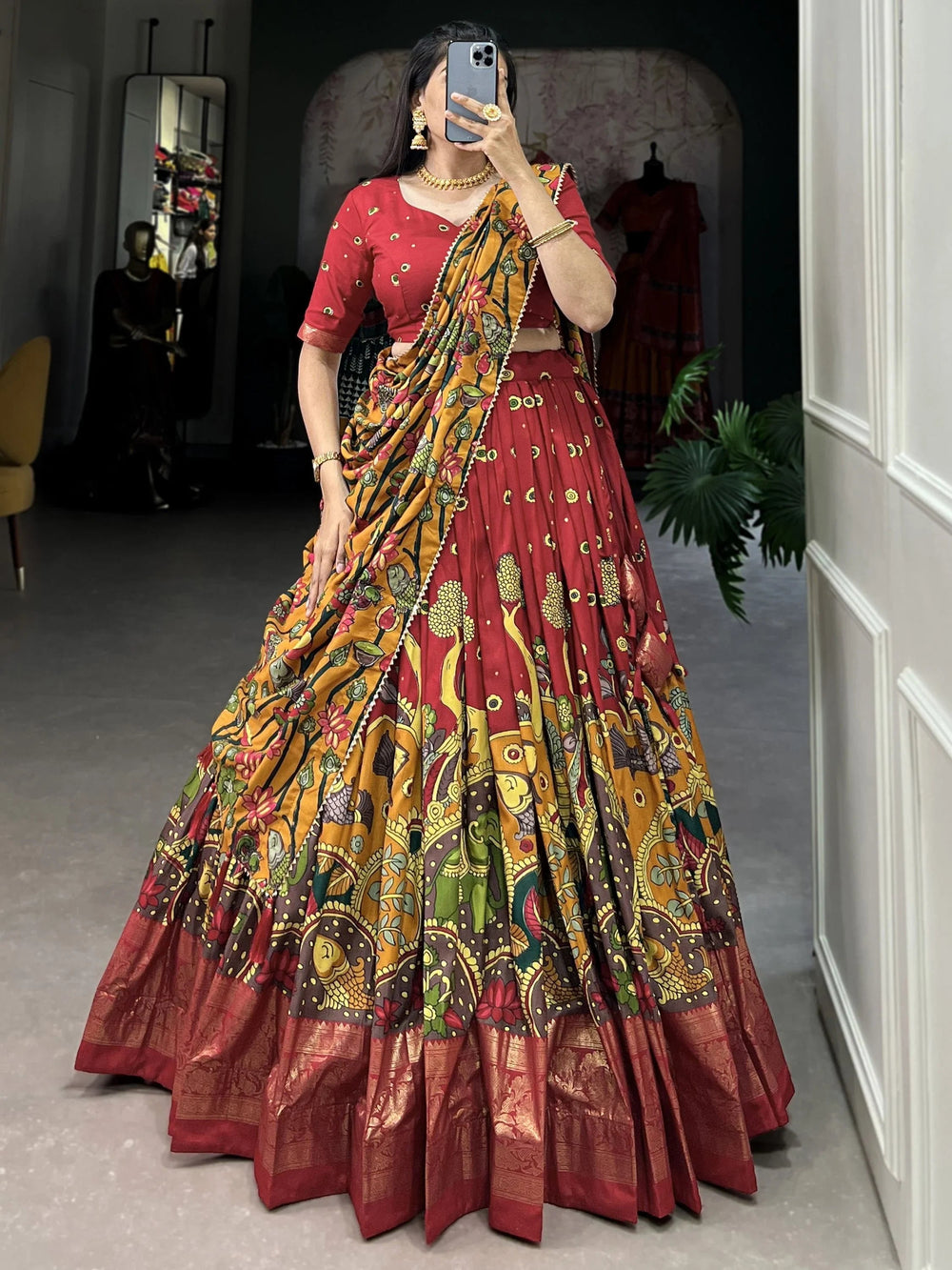 Red Tussar Silk Kalamkari Printed Traditional Lehenga Choli