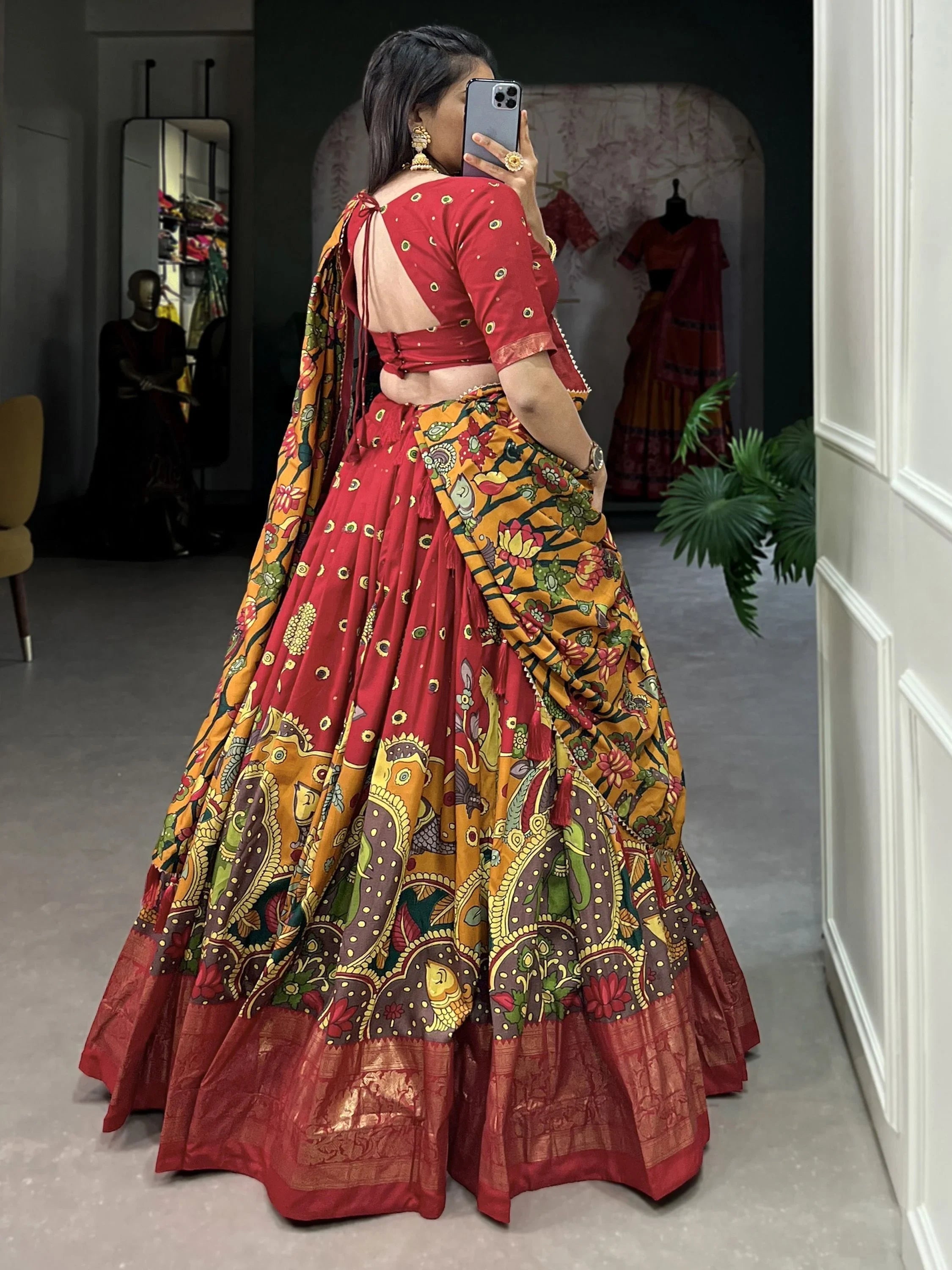 Red Tussar Silk Kalamkari Printed Traditional Lehenga Choli