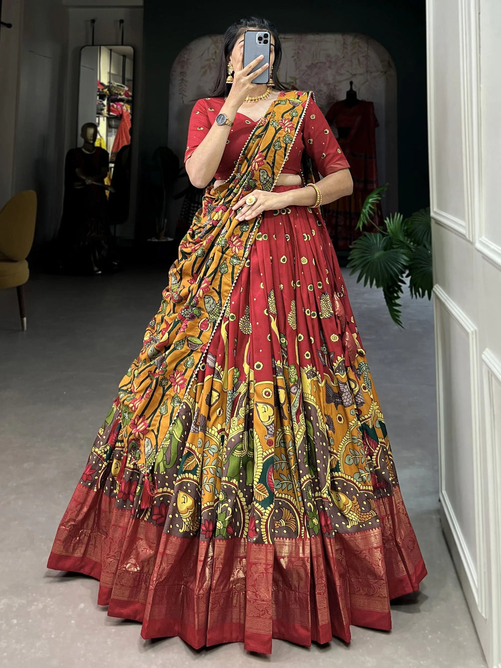Red Tussar Silk Kalamkari Printed Traditional Lehenga Choli