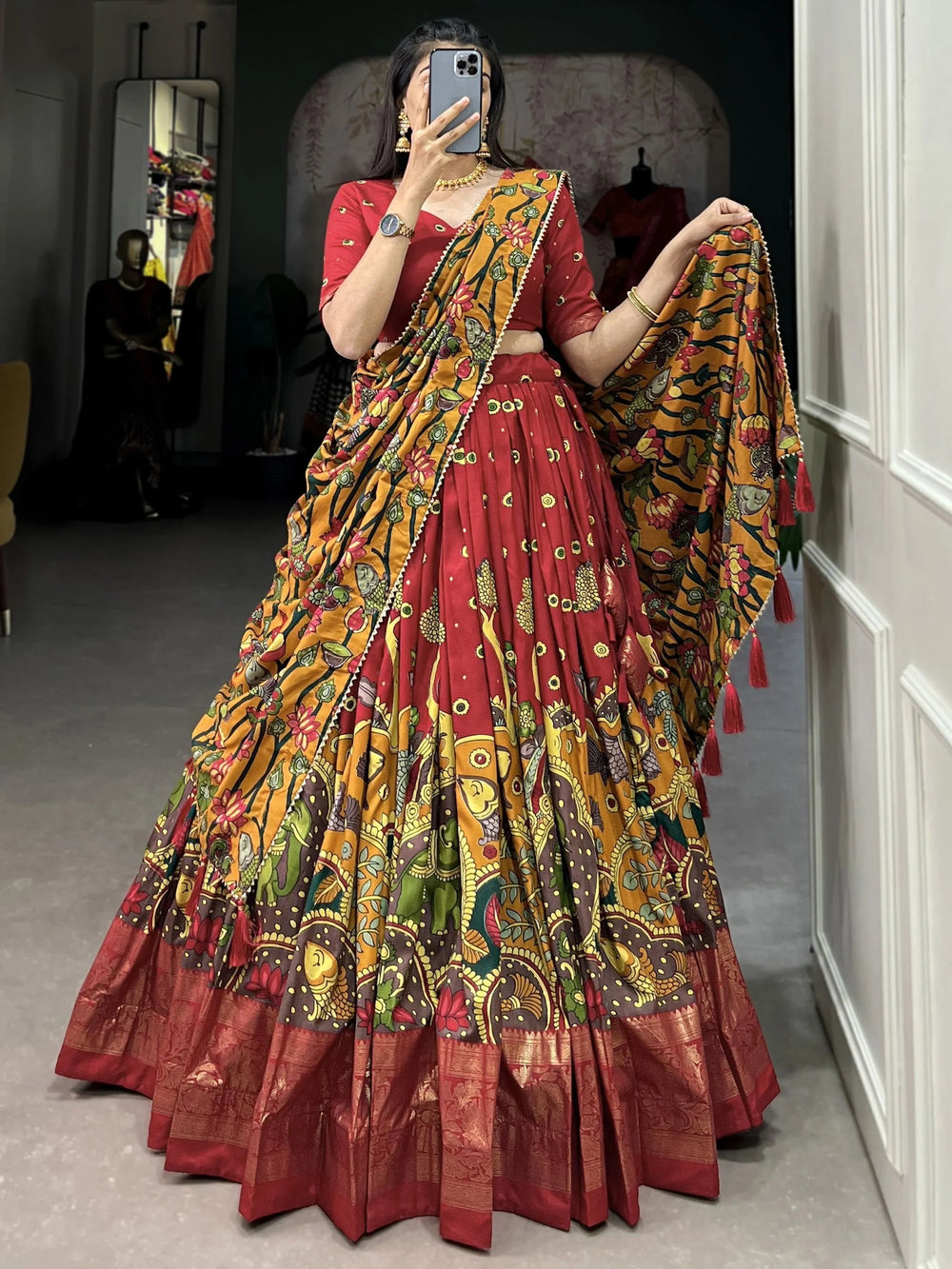 Red Tussar Silk Kalamkari Printed Traditional Lehenga Choli