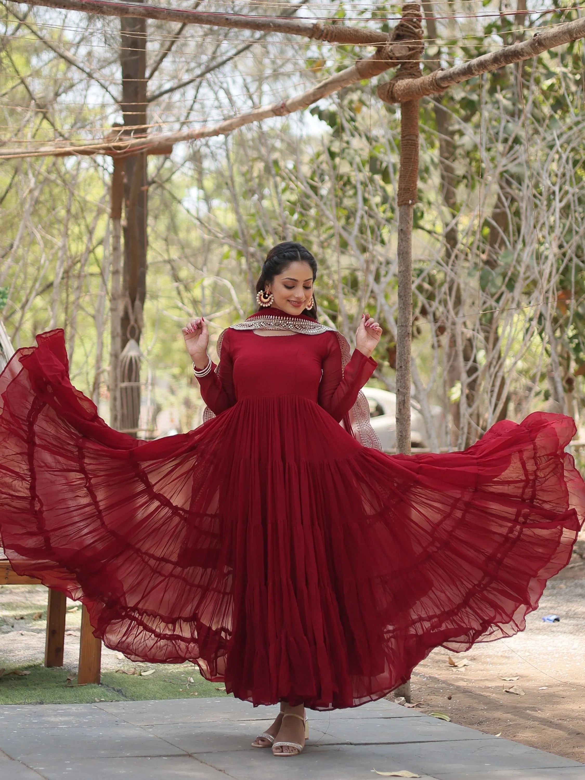 Maroon Georgette Festival Wear Gown With Dupatta