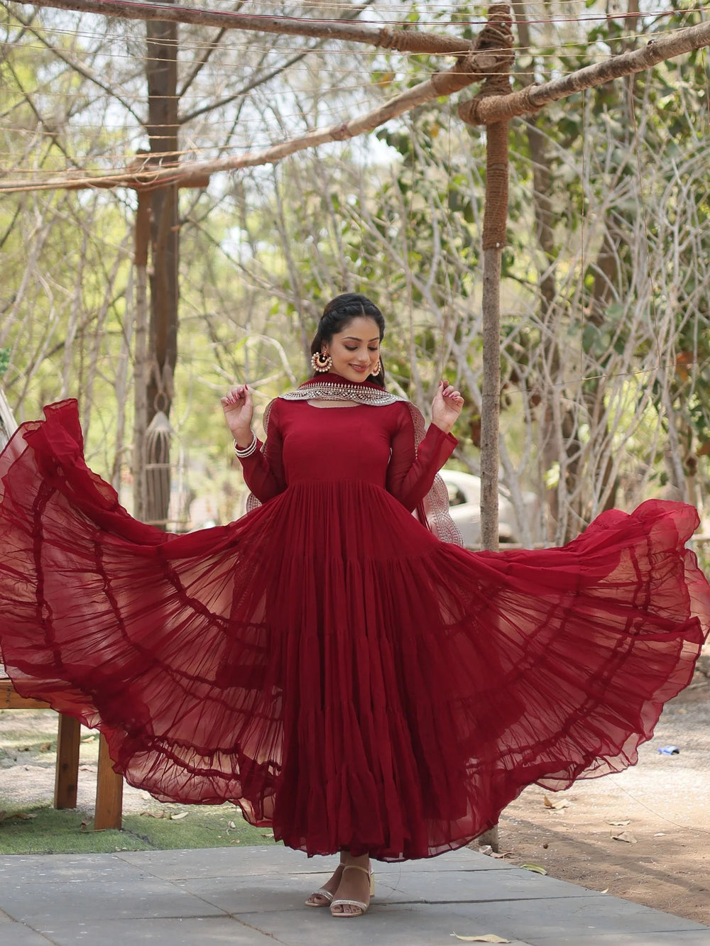 Maroon Georgette Festival Wear Gown With Dupatta