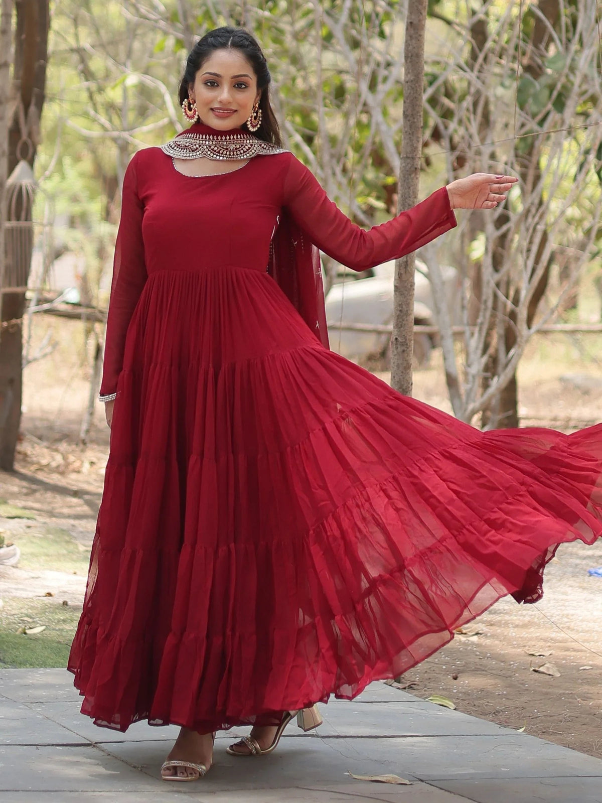 Maroon Georgette Festival Wear Gown With Dupatta