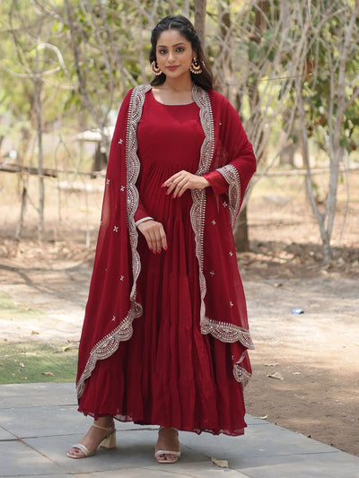 Maroon Georgette Festival Wear Gown With Dupatta