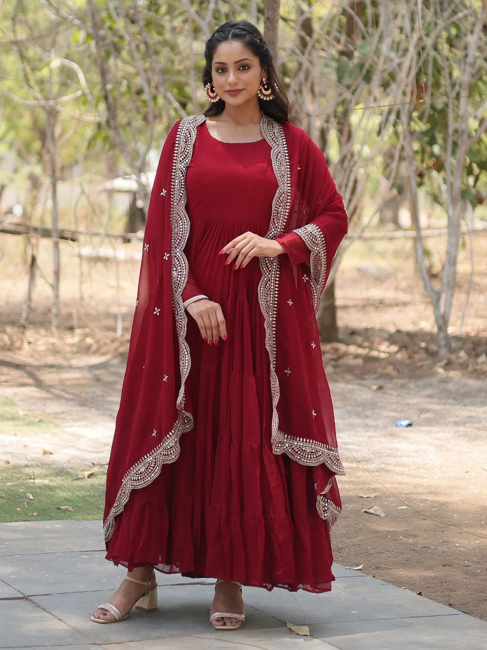 Maroon Georgette Festival Wear Gown With Dupatta