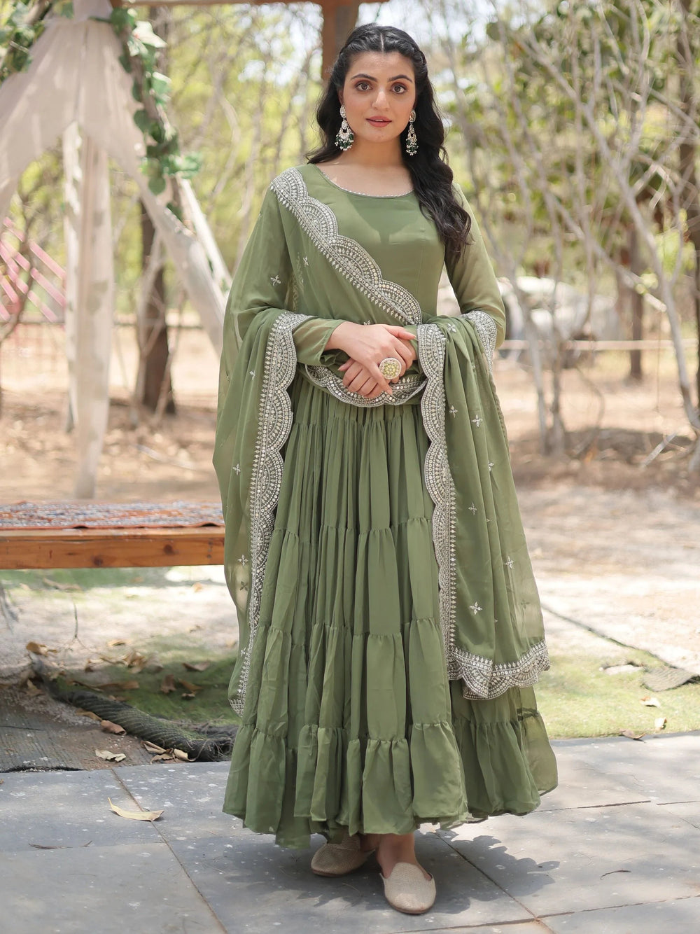 Olive Green Georgette Mehendi Wear Gown With Dupatta