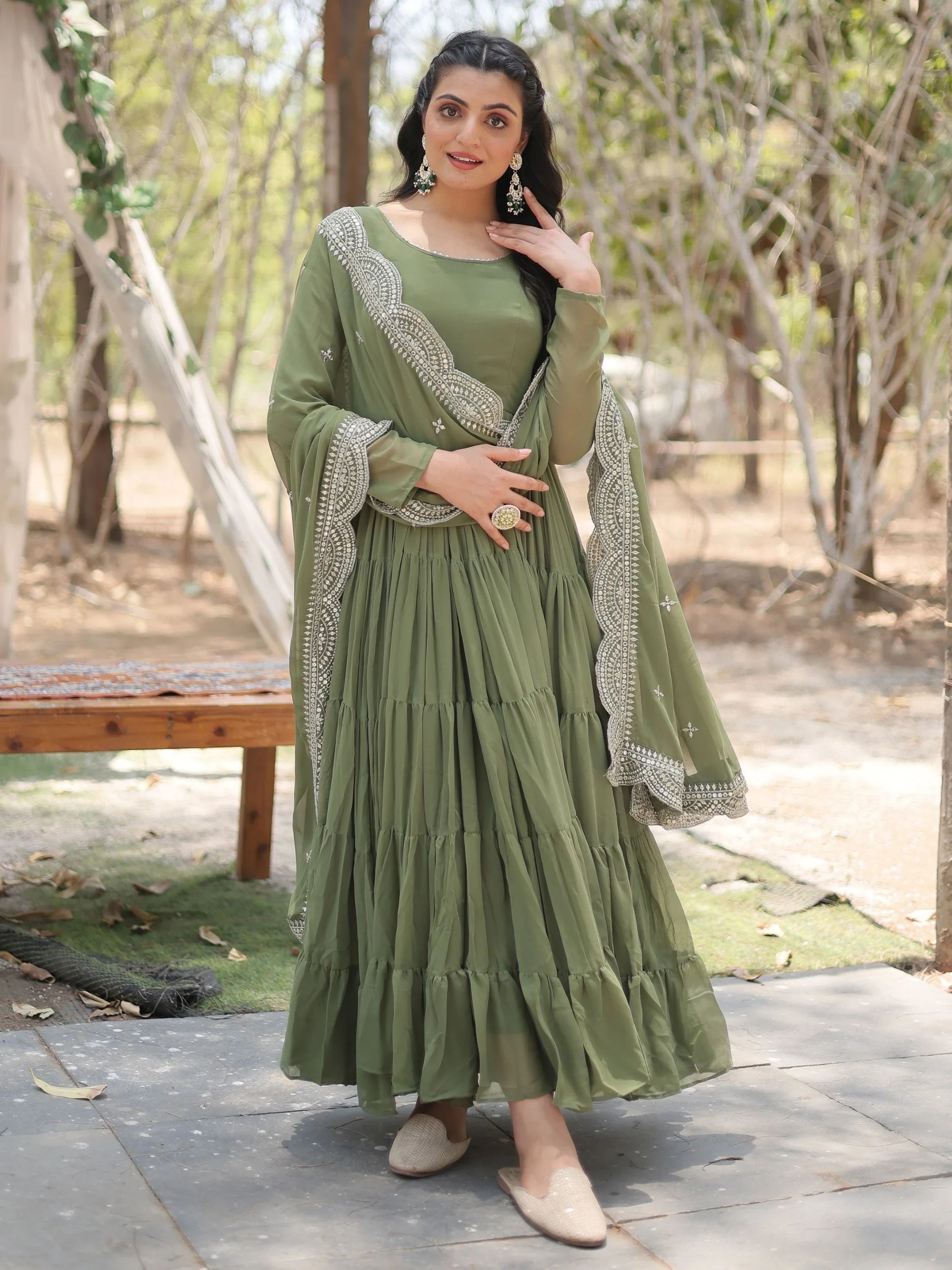 Olive Green Georgette Mehendi Wear Gown With Dupatta