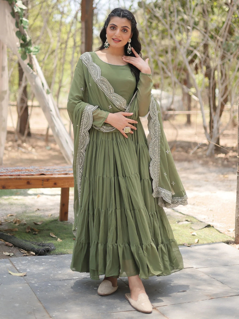 Olive Green Georgette Mehendi Wear Gown With Dupatta