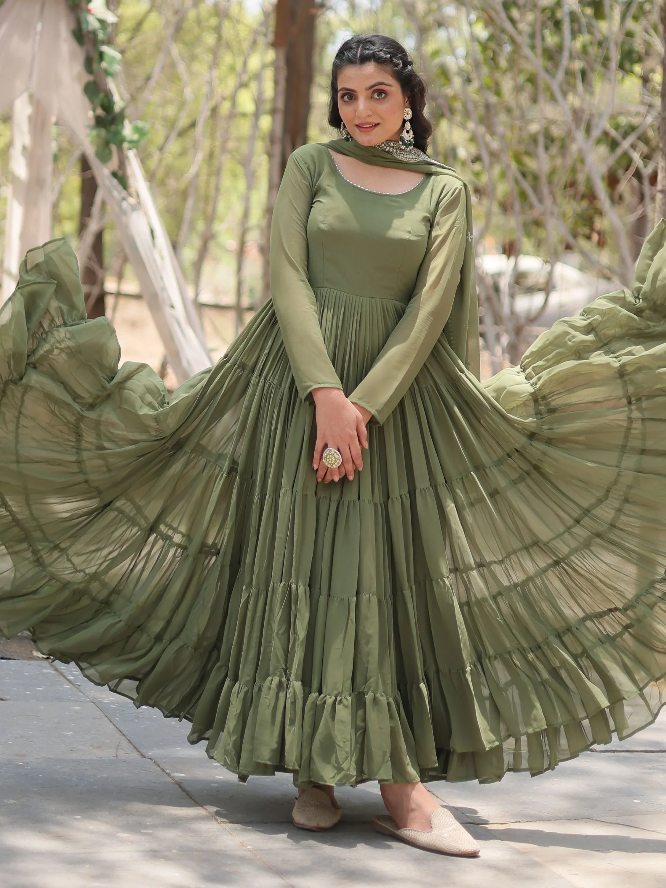 Olive Green Georgette Mehendi Wear Gown With Dupatta