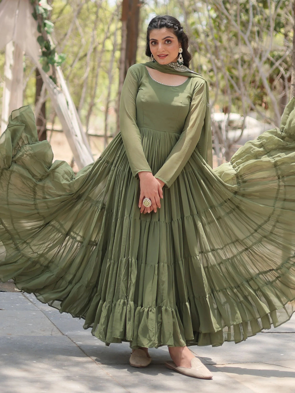 Olive Green Georgette Mehendi Wear Gown With Dupatta