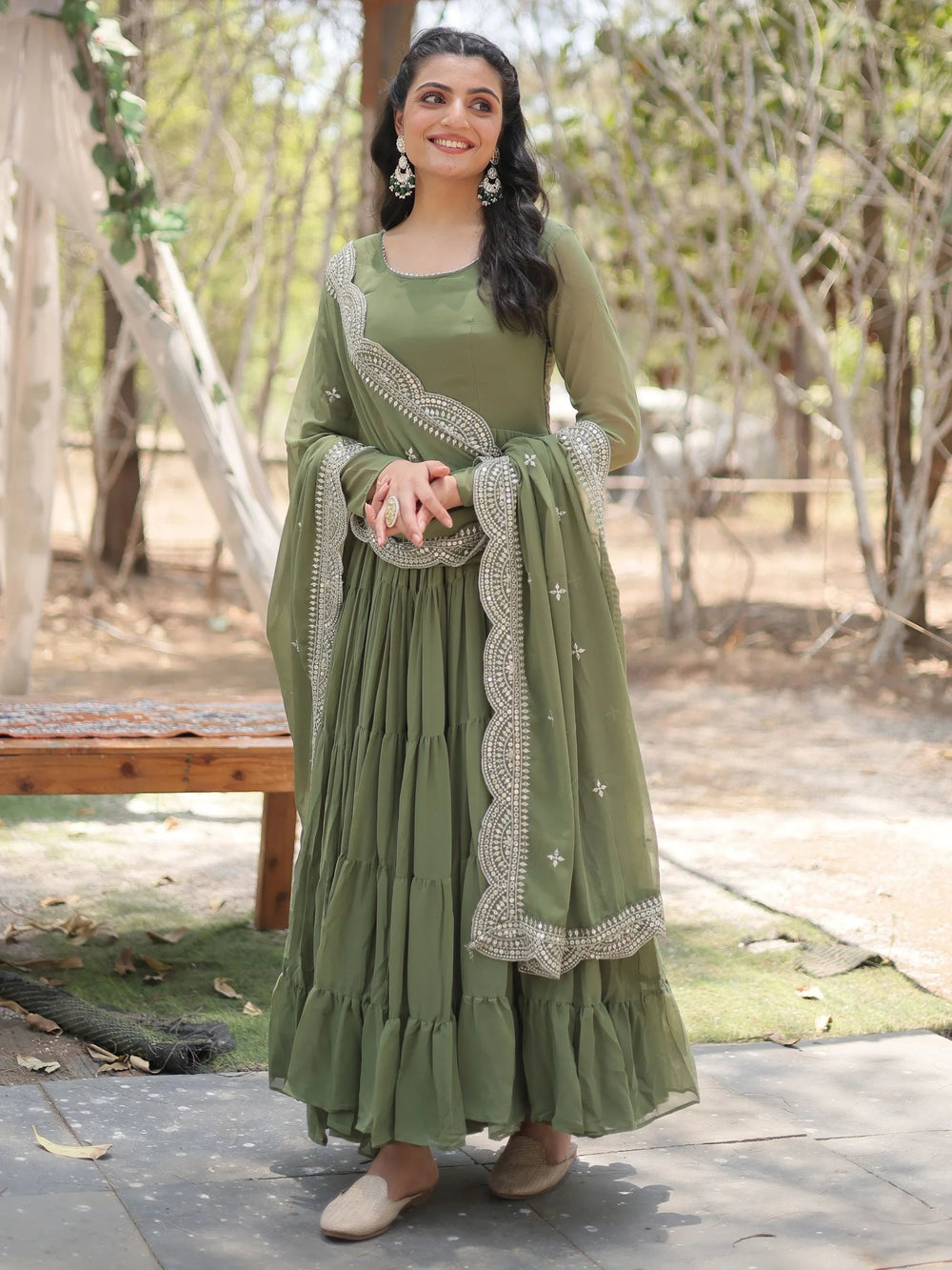 Olive Green Georgette Mehendi Wear Gown With Dupatta