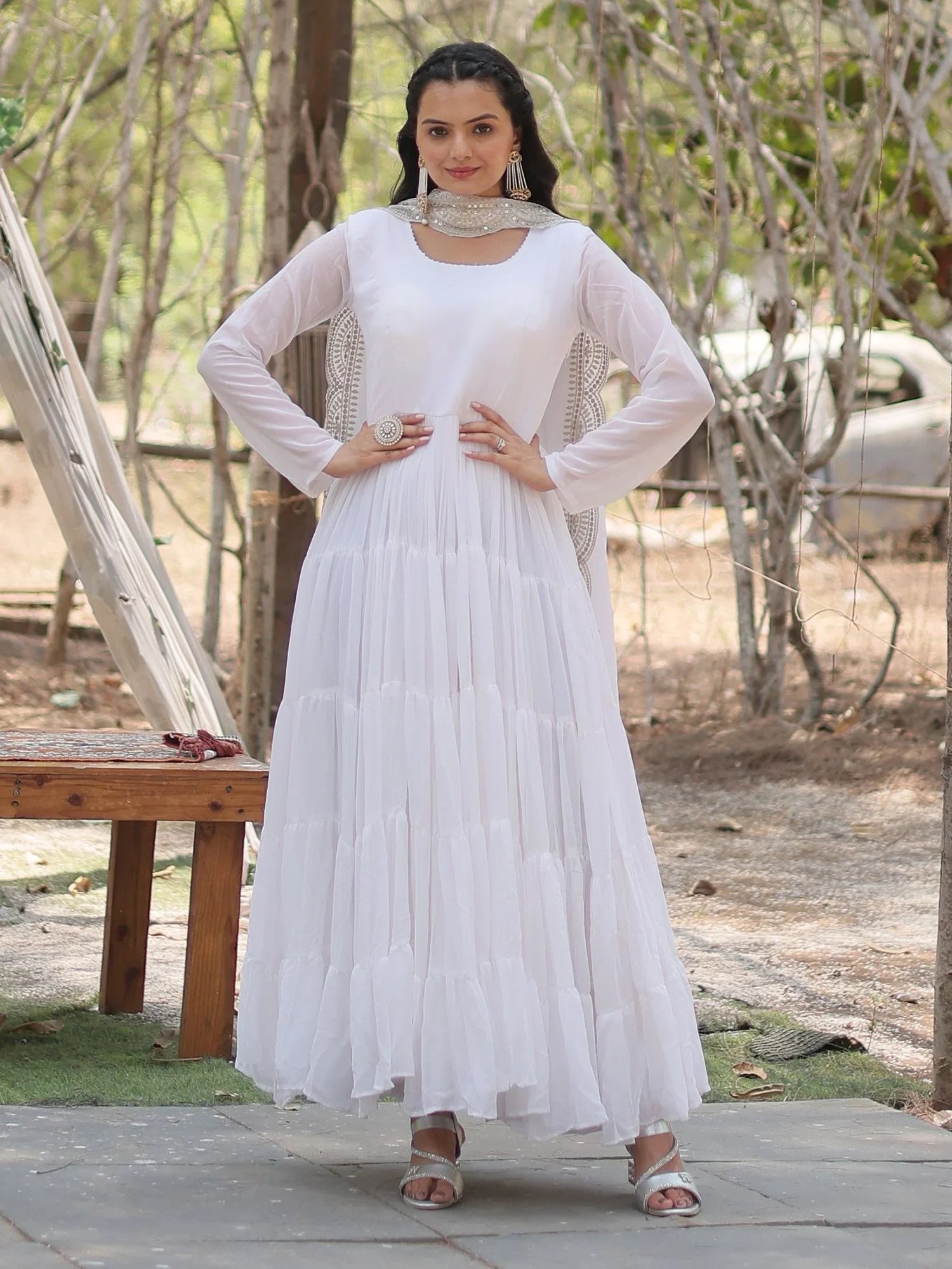 White Georgette Function Wear Gown With Dupatta