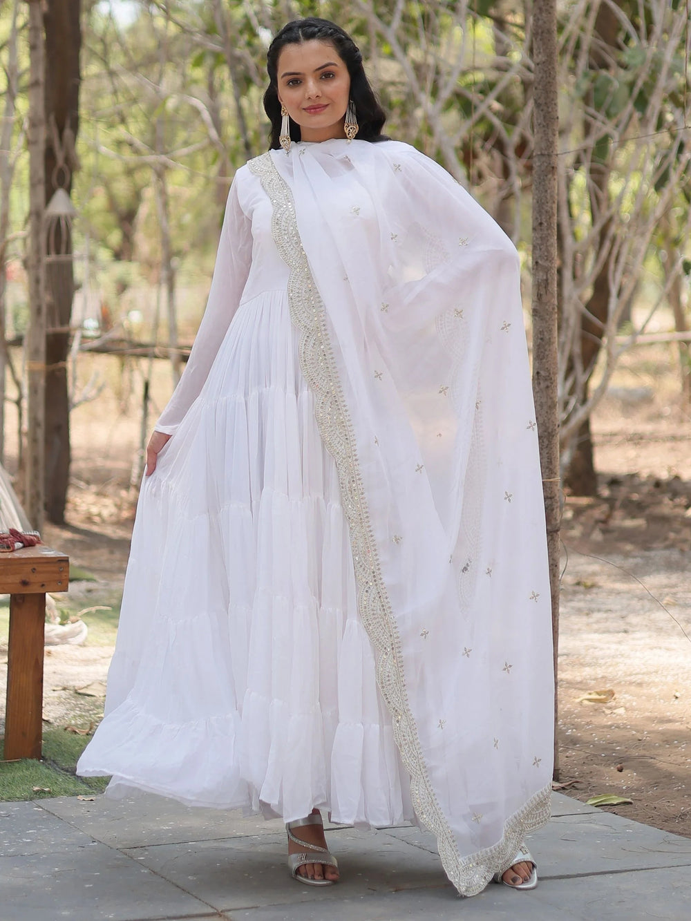 White Georgette Function Wear Gown With Dupatta