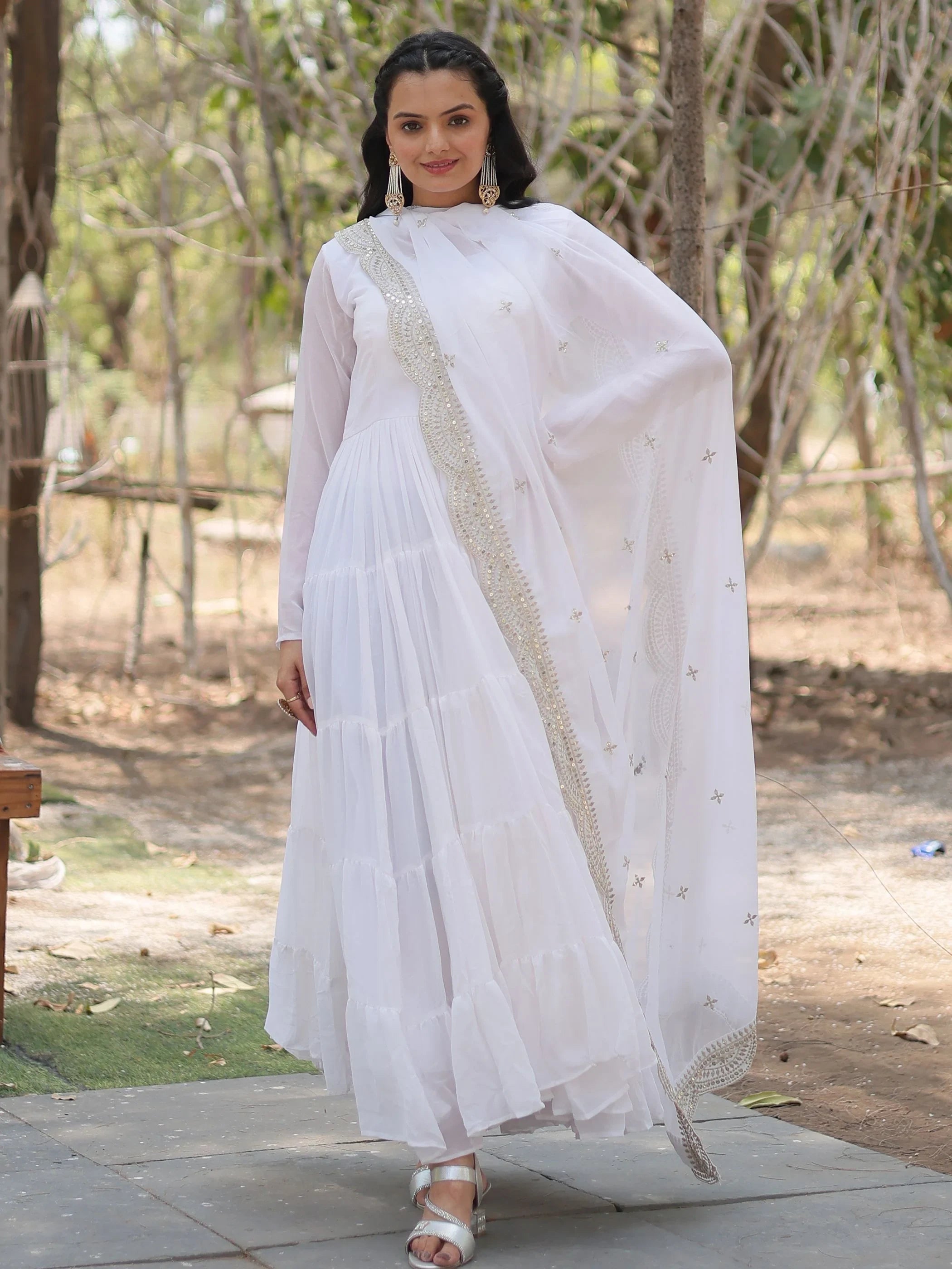 White Georgette Function Wear Gown With Dupatta