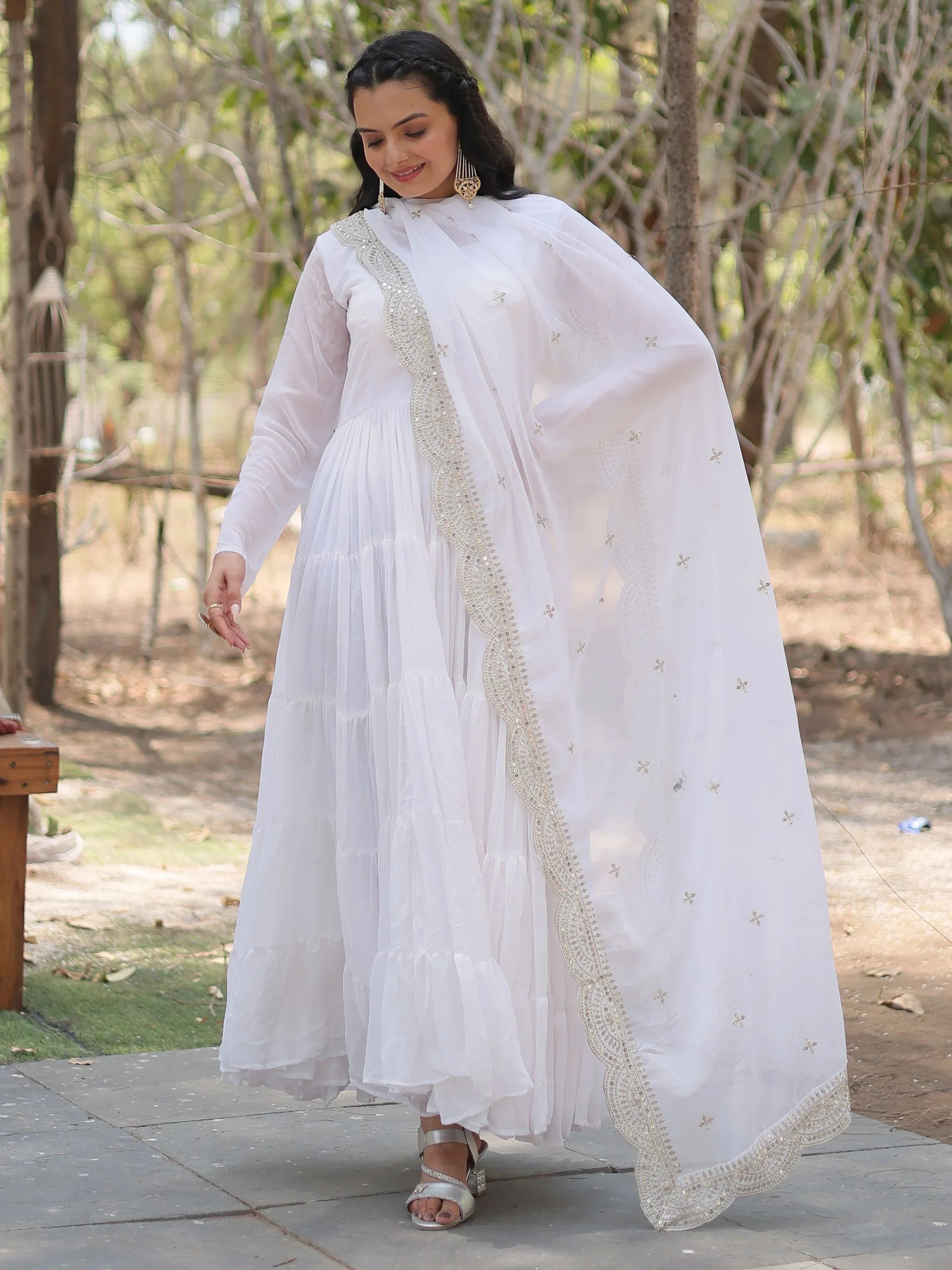 White Georgette Function Wear Gown With Dupatta
