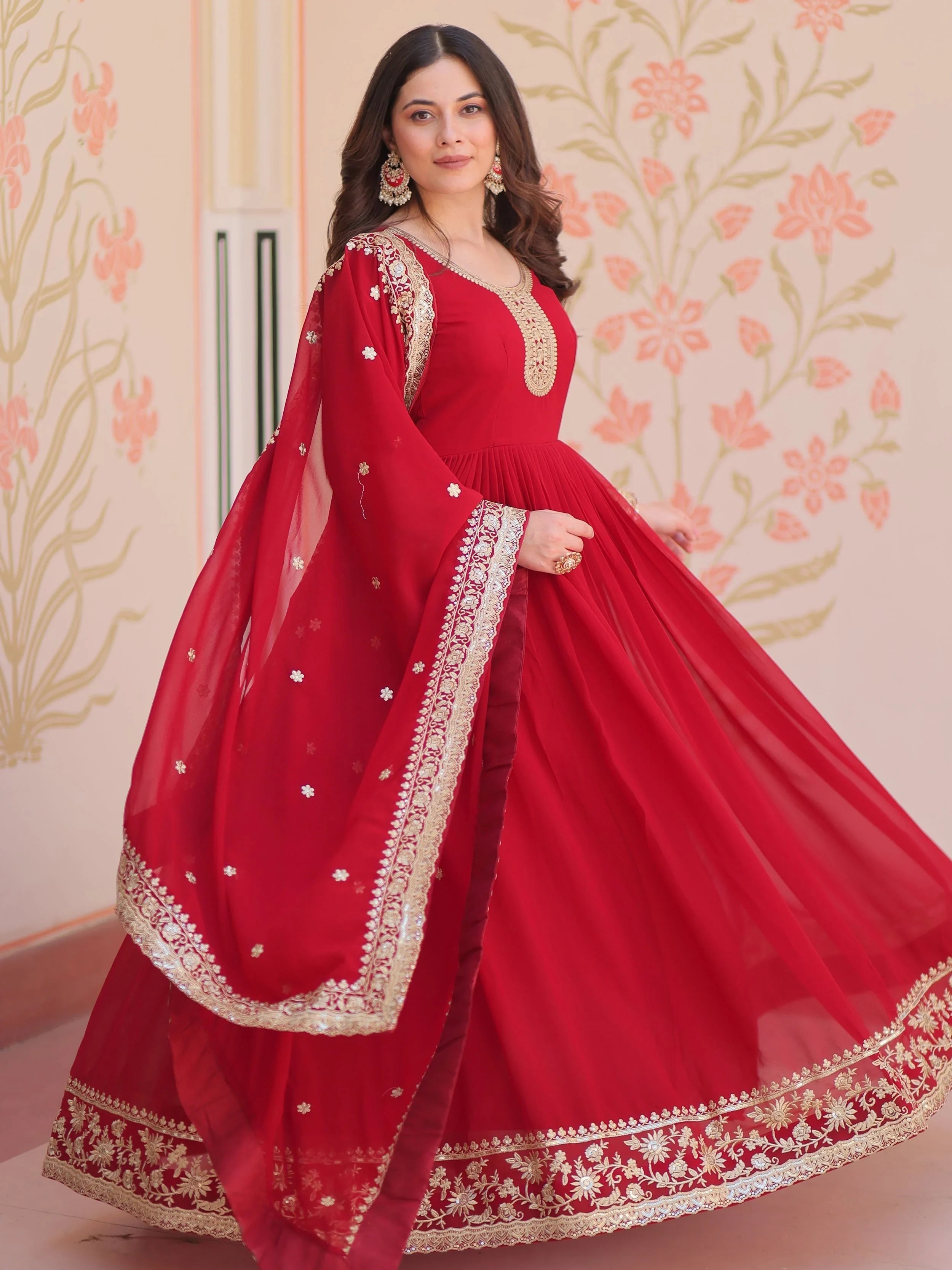 Maroon Georgette Zari Embroidered Gown With Dupatta