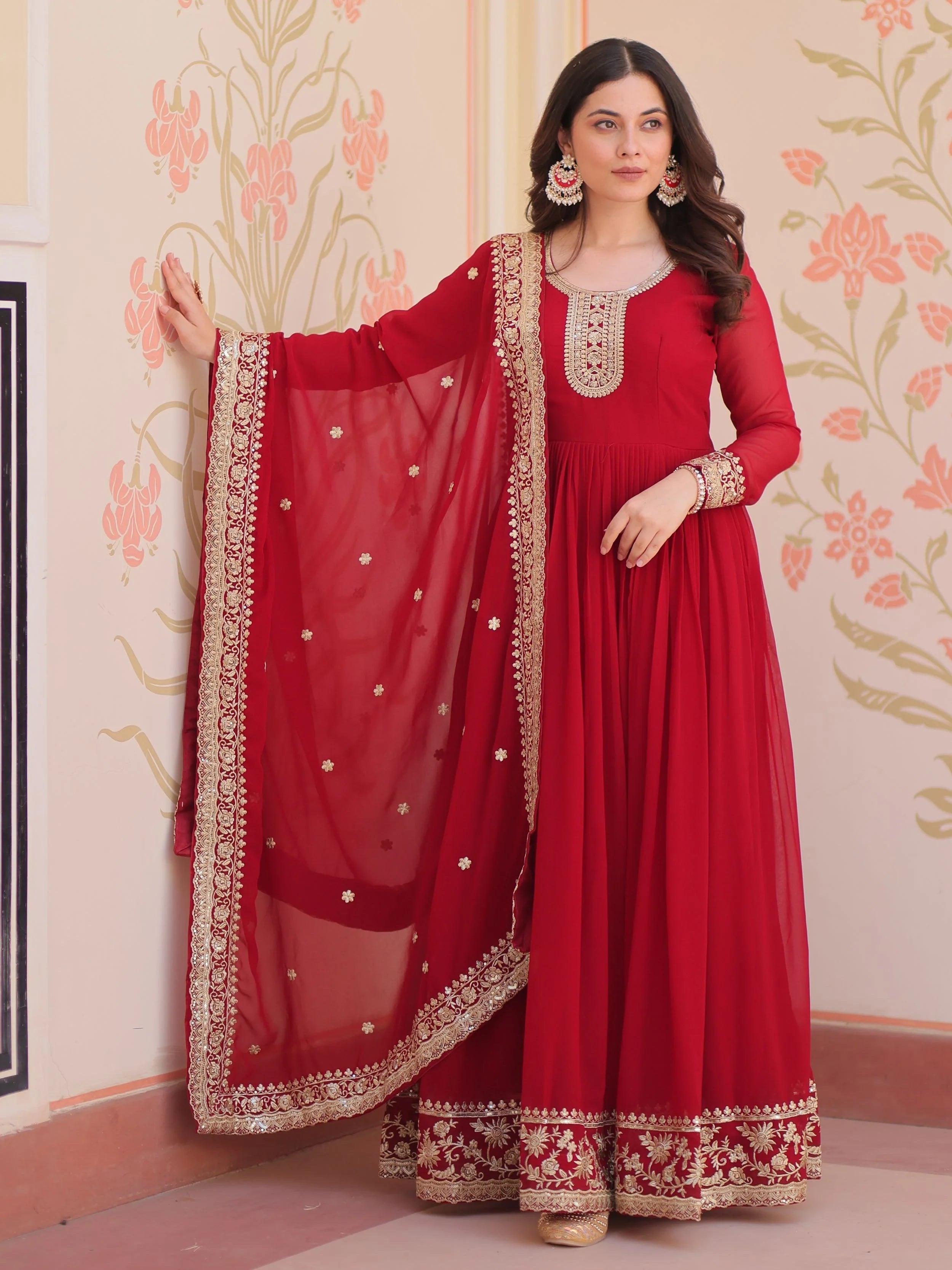 Maroon Georgette Zari Embroidered Gown With Dupatta