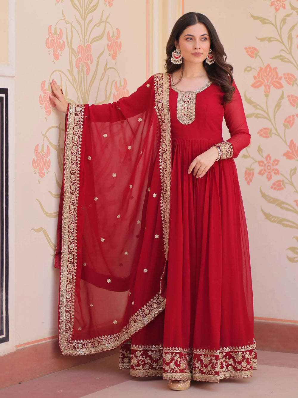 Maroon Georgette Zari Embroidered Gown With Dupatta