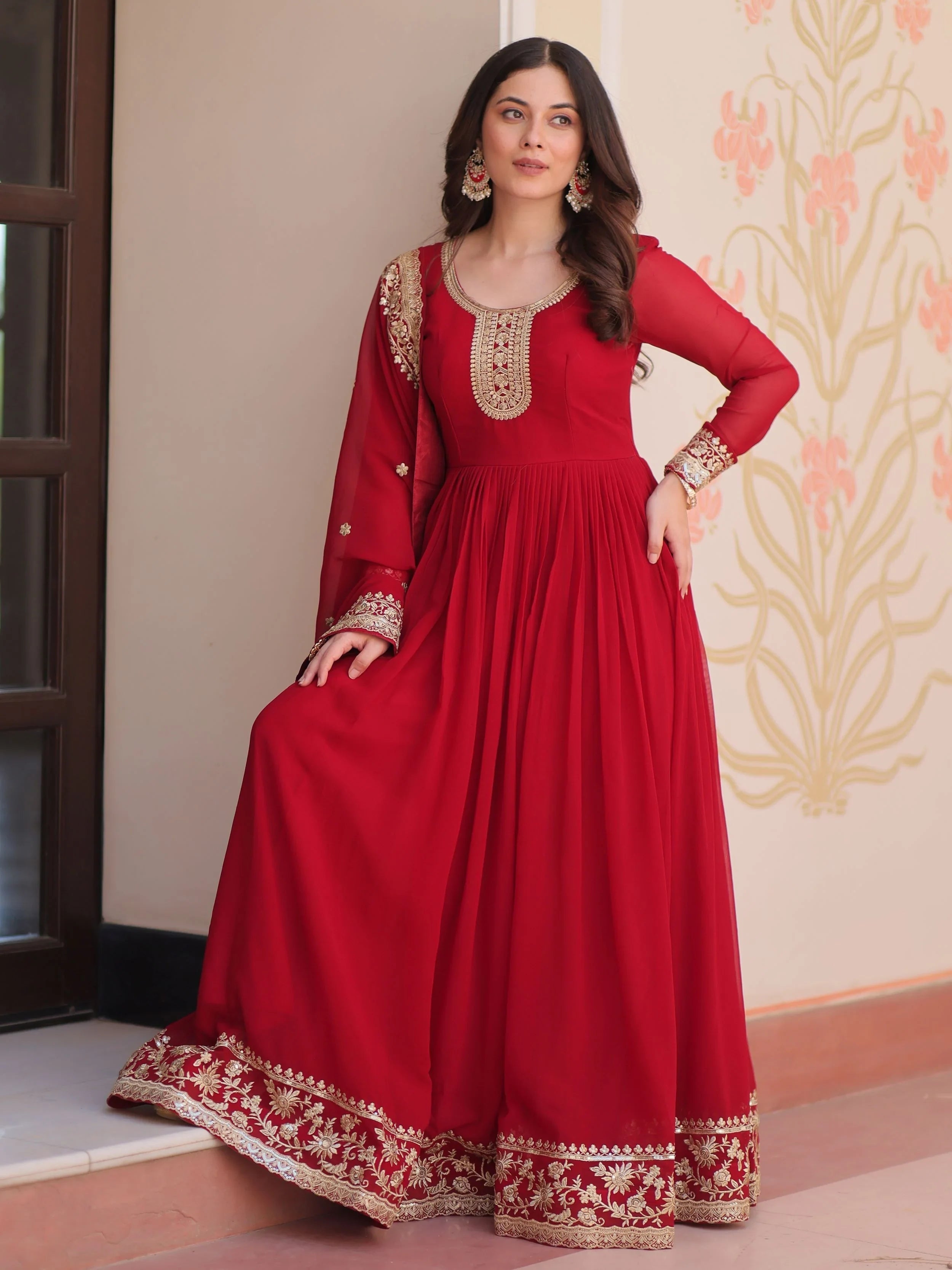 Maroon Georgette Zari Embroidered Gown With Dupatta