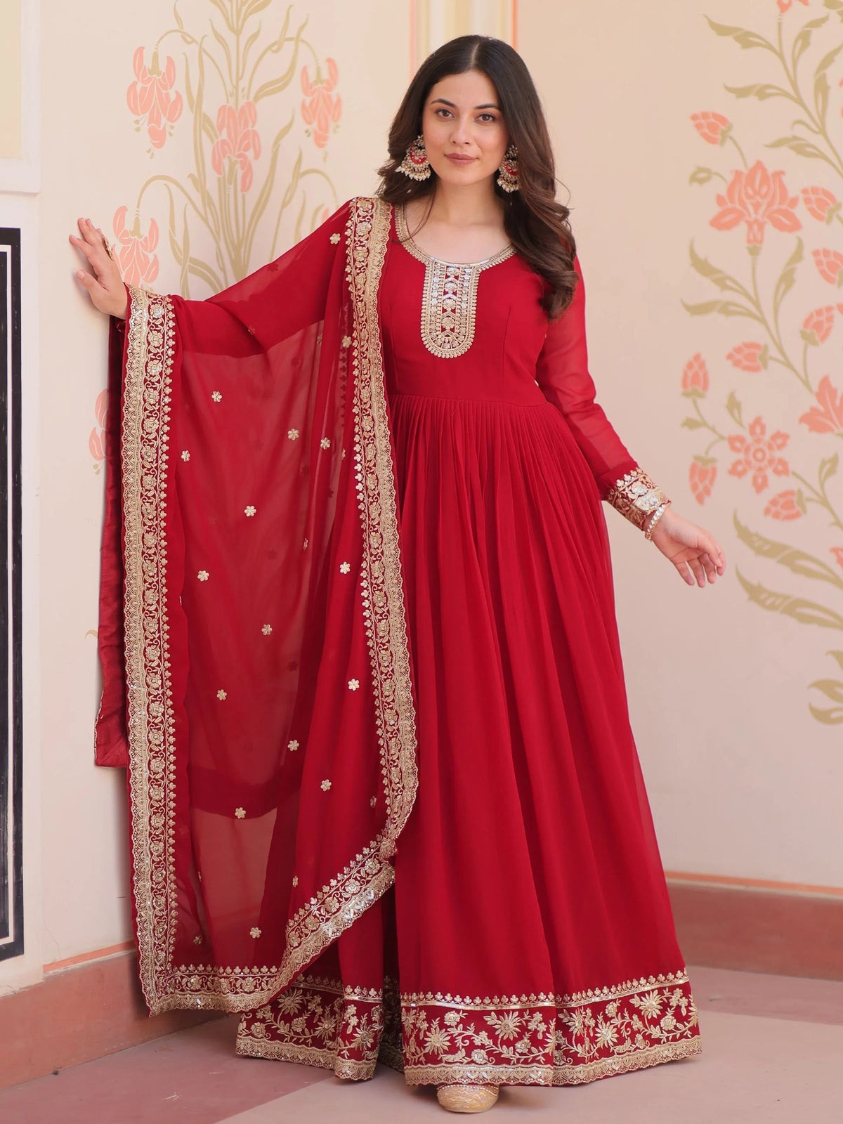 Maroon Georgette Zari Embroidered Gown With Dupatta