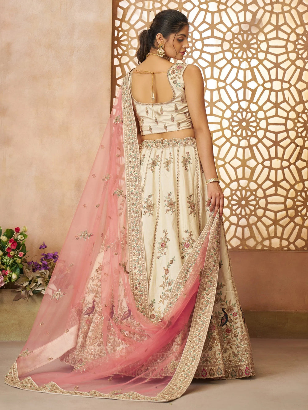 Off-White Floral Embroidered Silk Engagement Wear Lehenga Choli for Women