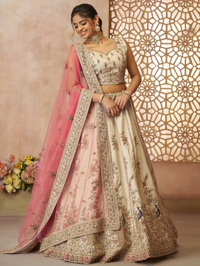 Off-White Floral Embroidered Silk Engagement Wear Lehenga Choli for Women