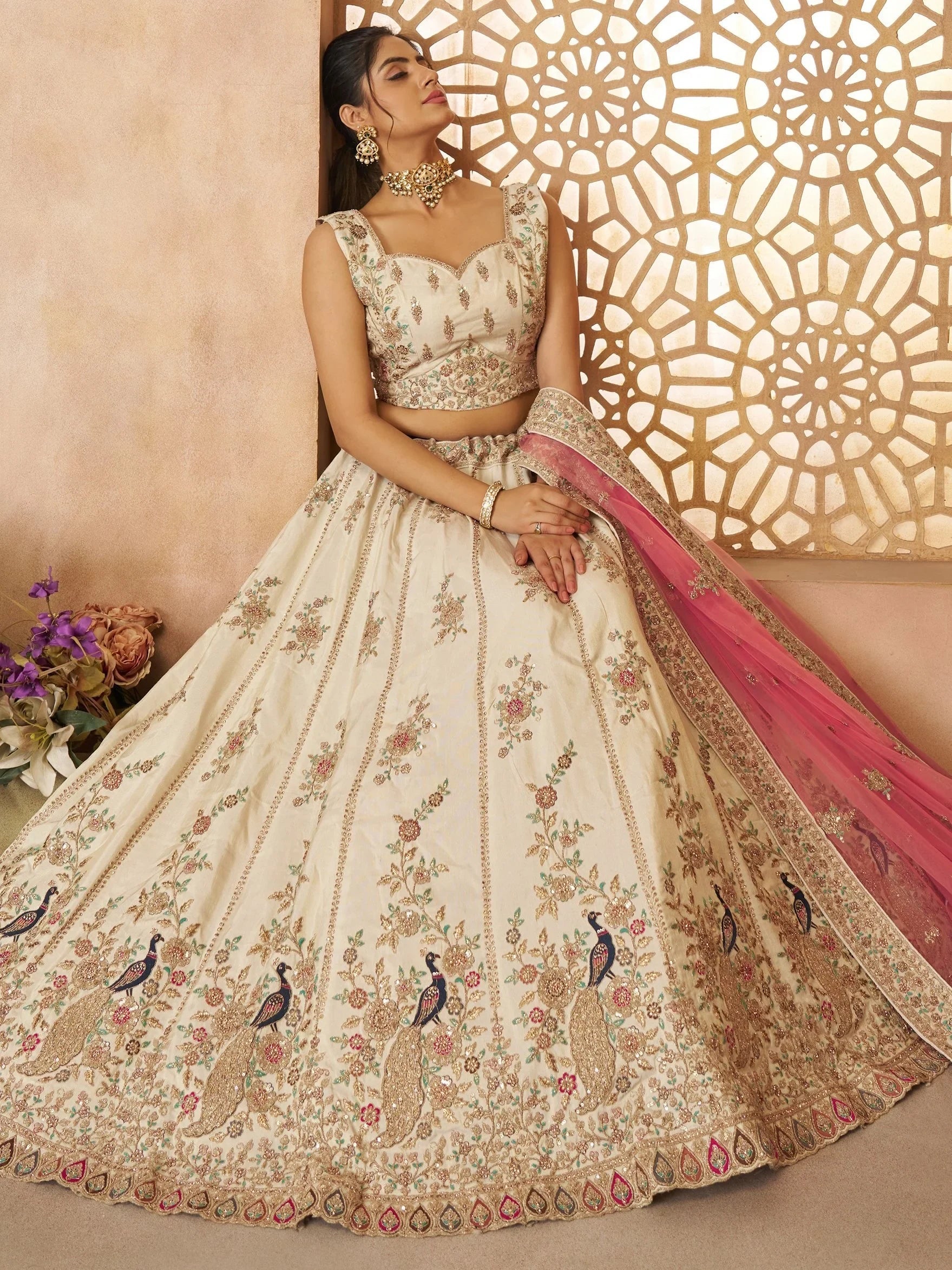 Off-White Floral Embroidered Silk Engagement Wear Lehenga Choli for Women