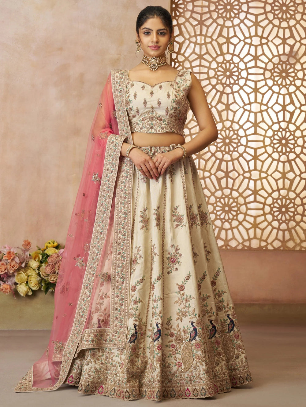 Off-White Floral Embroidered Silk Engagement Wear Lehenga Choli for Women