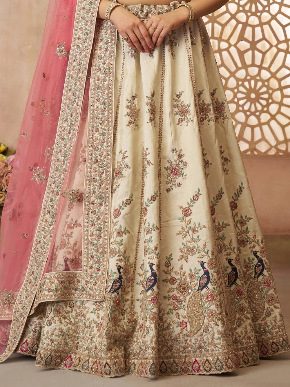 Off-White Floral Embroidered Silk Engagement Wear Lehenga Choli for Women