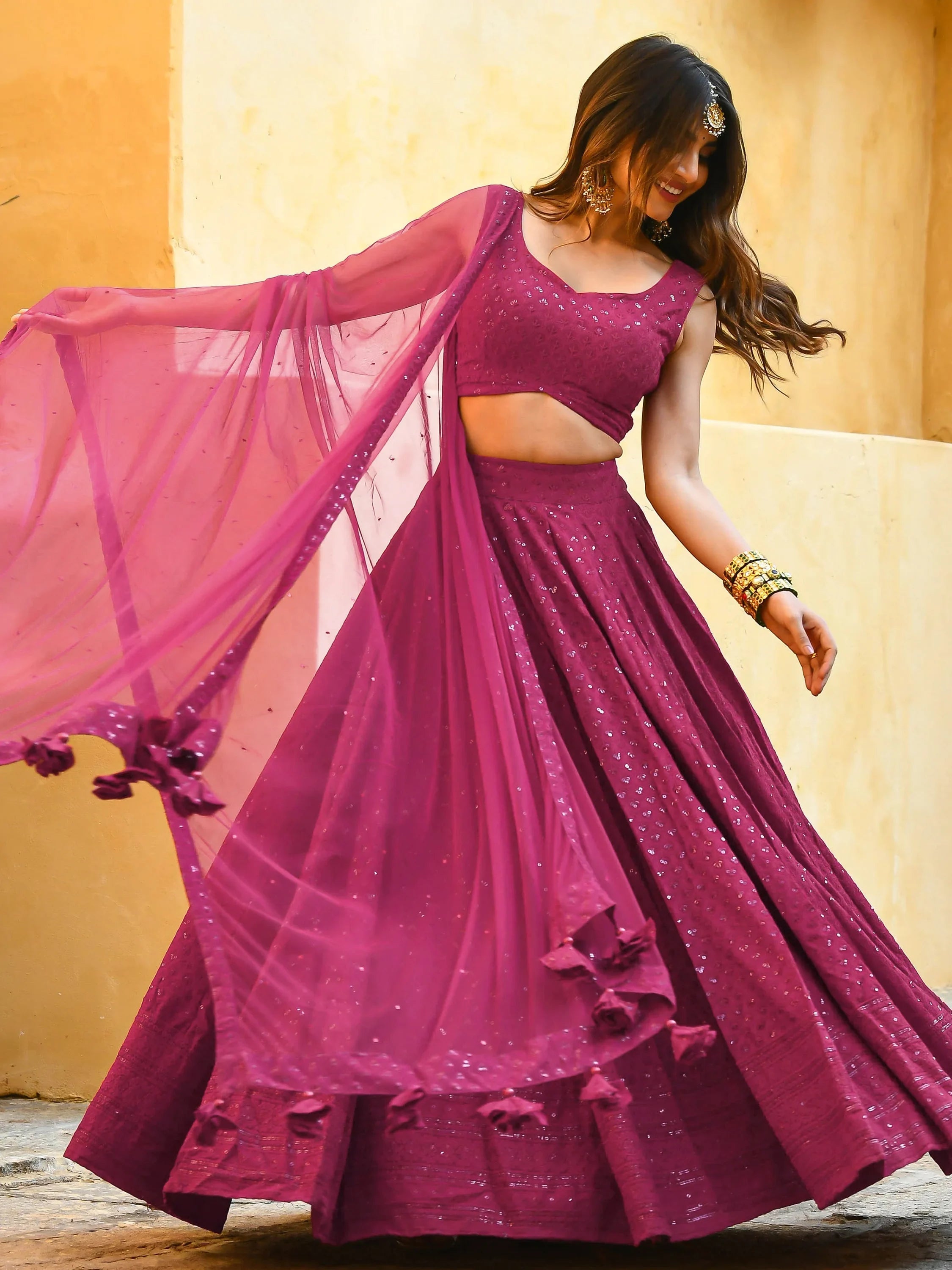 Sequins georgette lehenga choli with thread embroidery for wedding and sangeet occasions