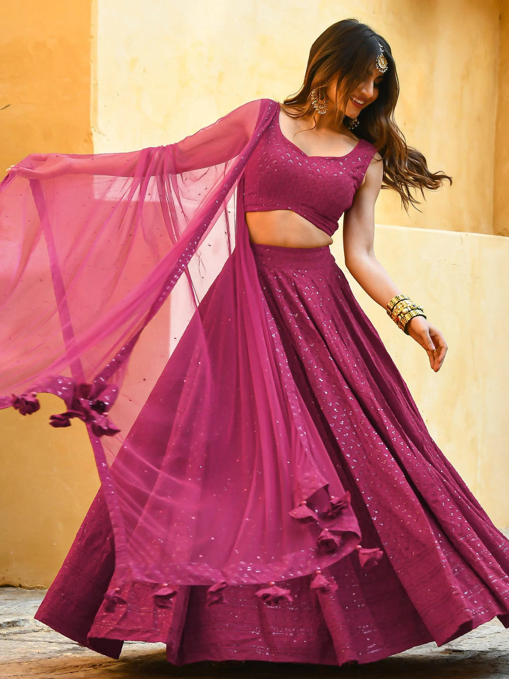 Sequins georgette lehenga choli with thread embroidery for wedding and sangeet occasions