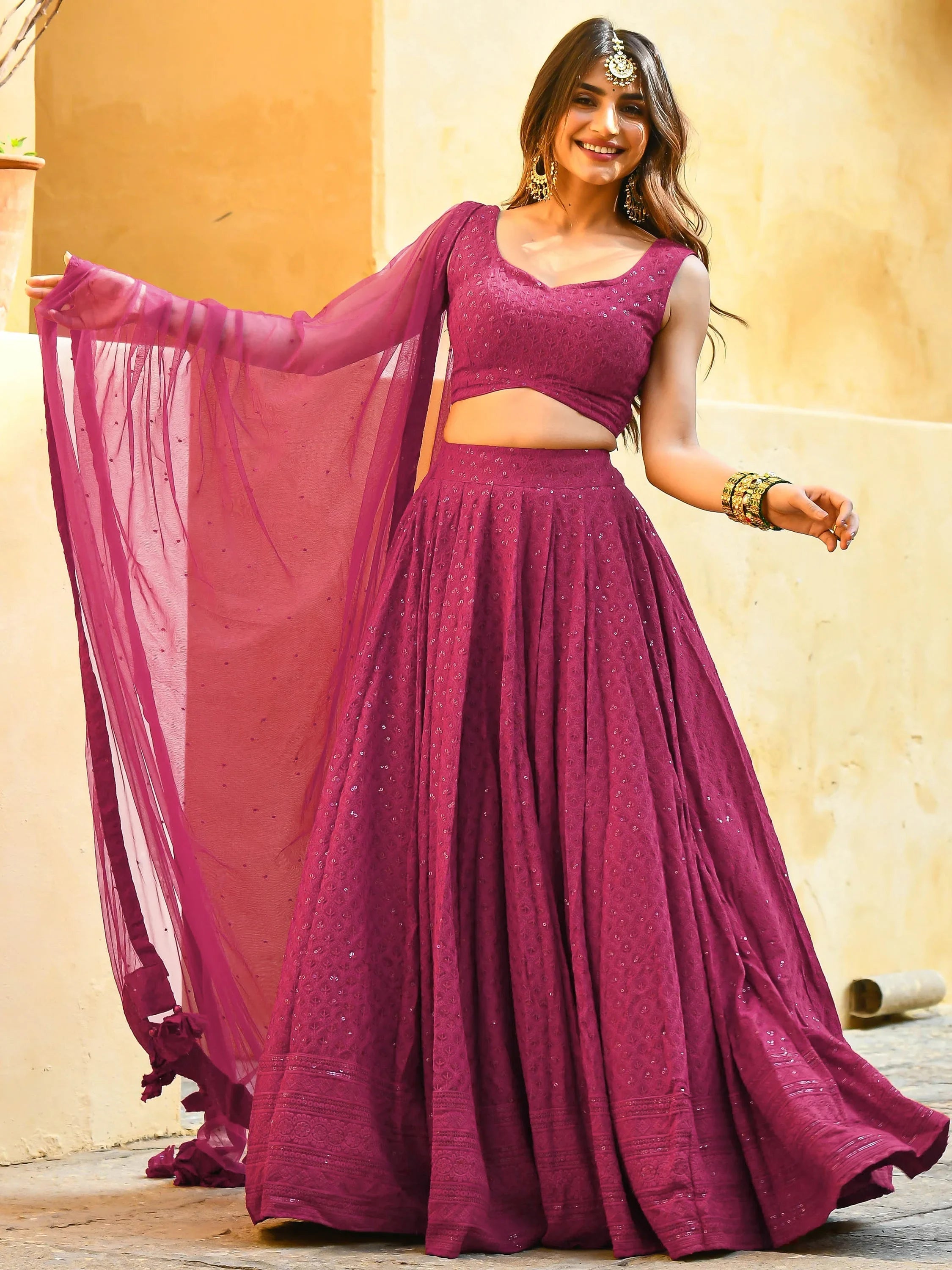 Sequins georgette lehenga choli with thread embroidery for wedding and sangeet occasions