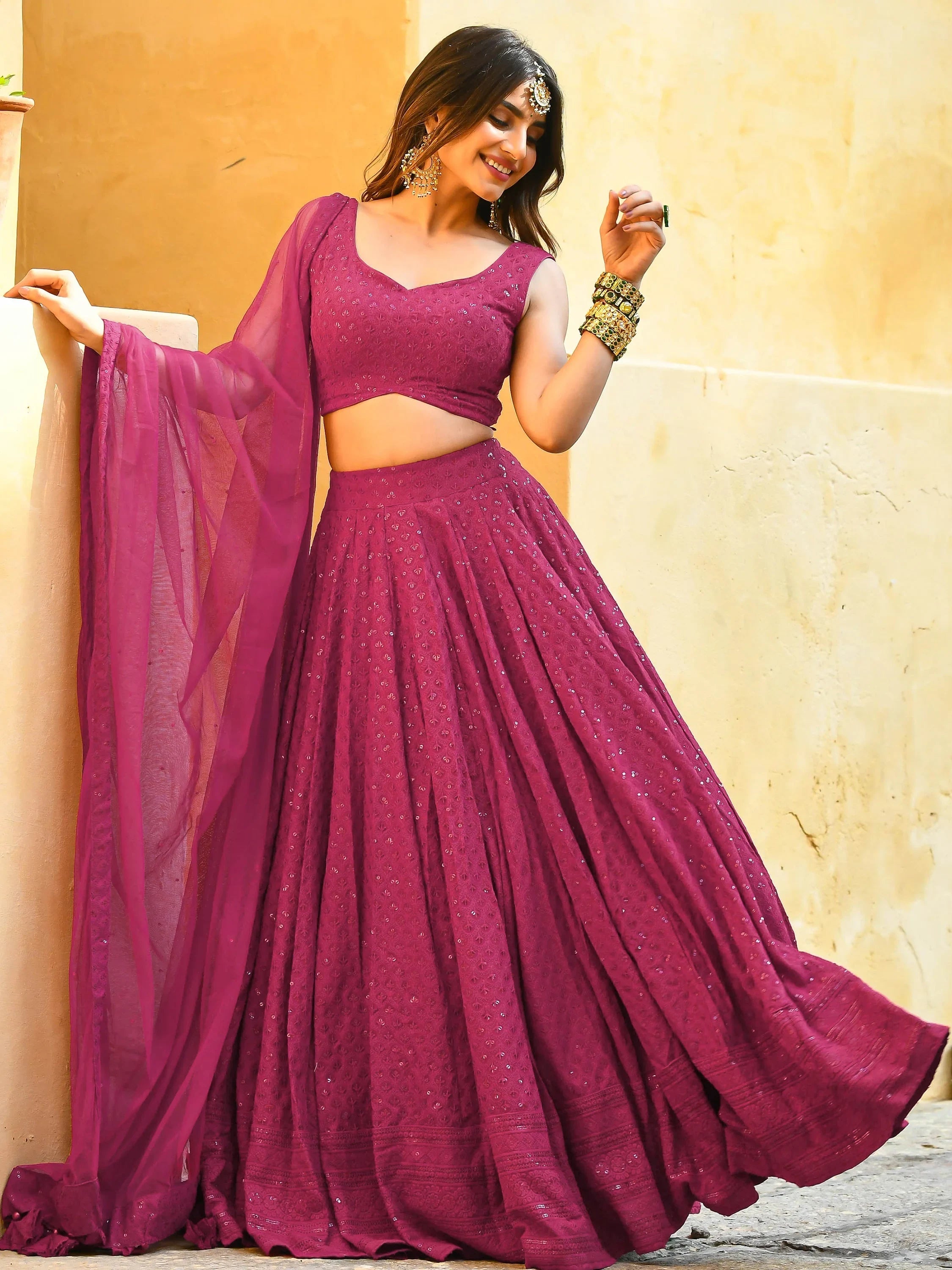 Sequins georgette lehenga choli with thread embroidery for wedding and sangeet occasions