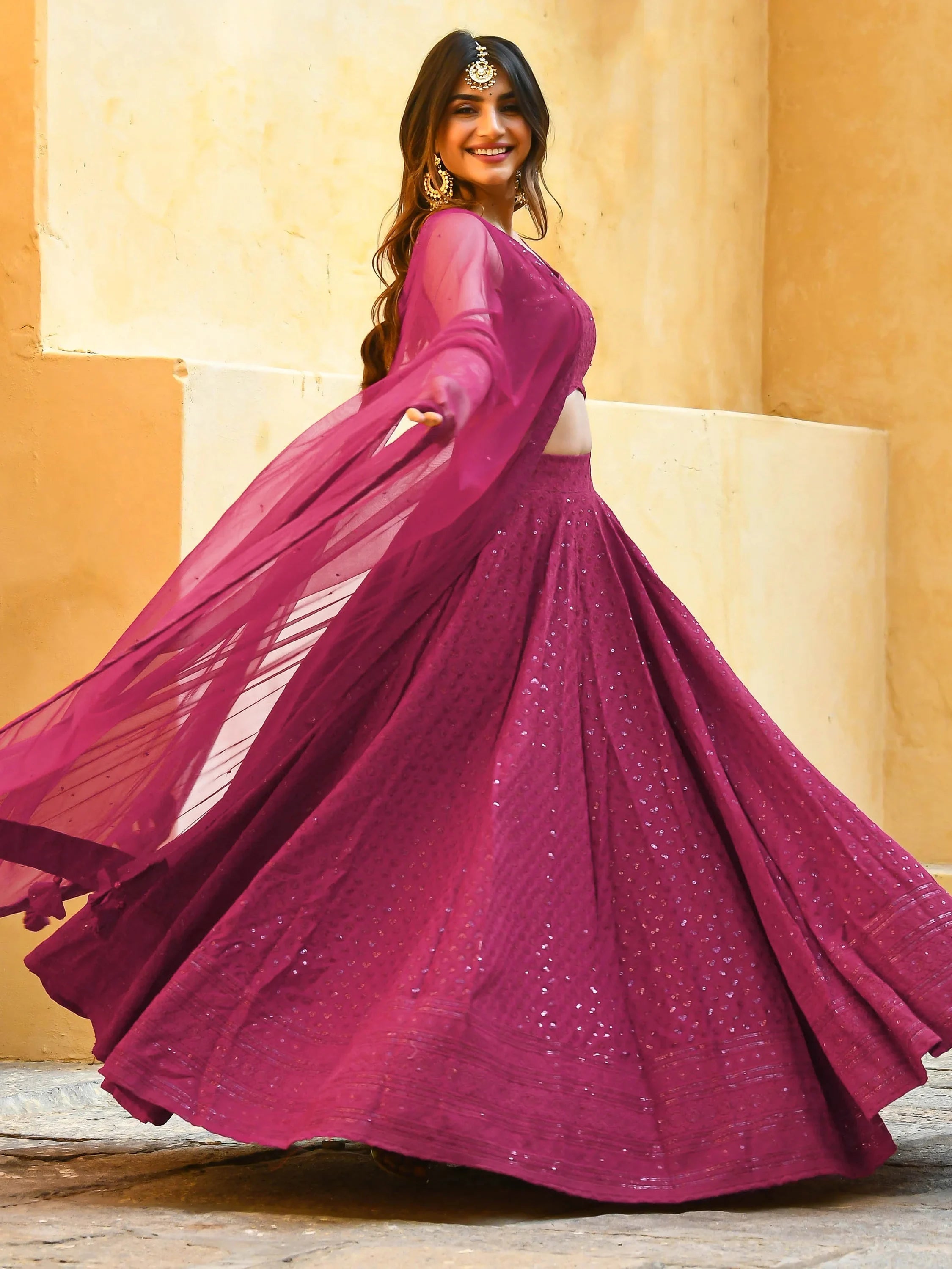 Sequins georgette lehenga choli with thread embroidery for wedding and sangeet occasions