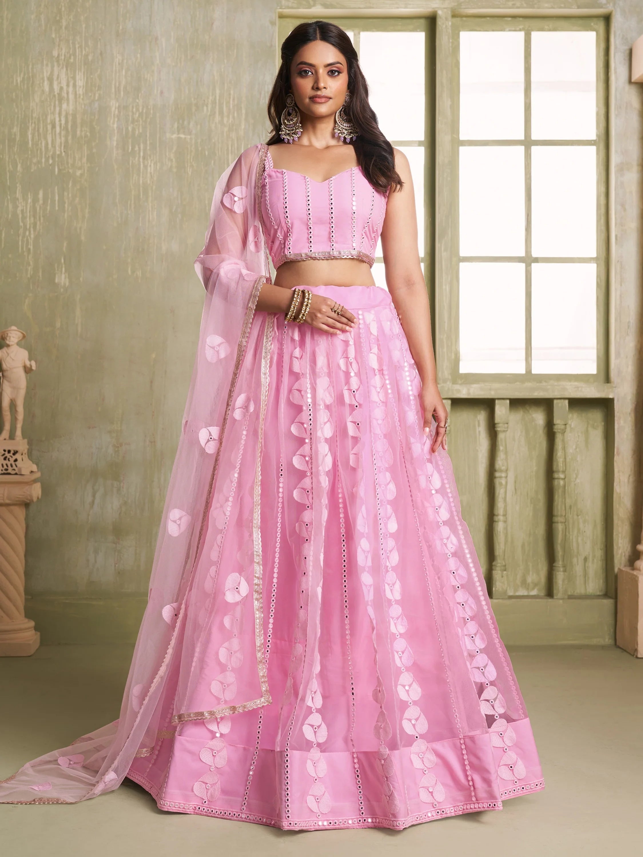 Pink Thread Embroidered Net Lehenga Choli With Dupatta for Women