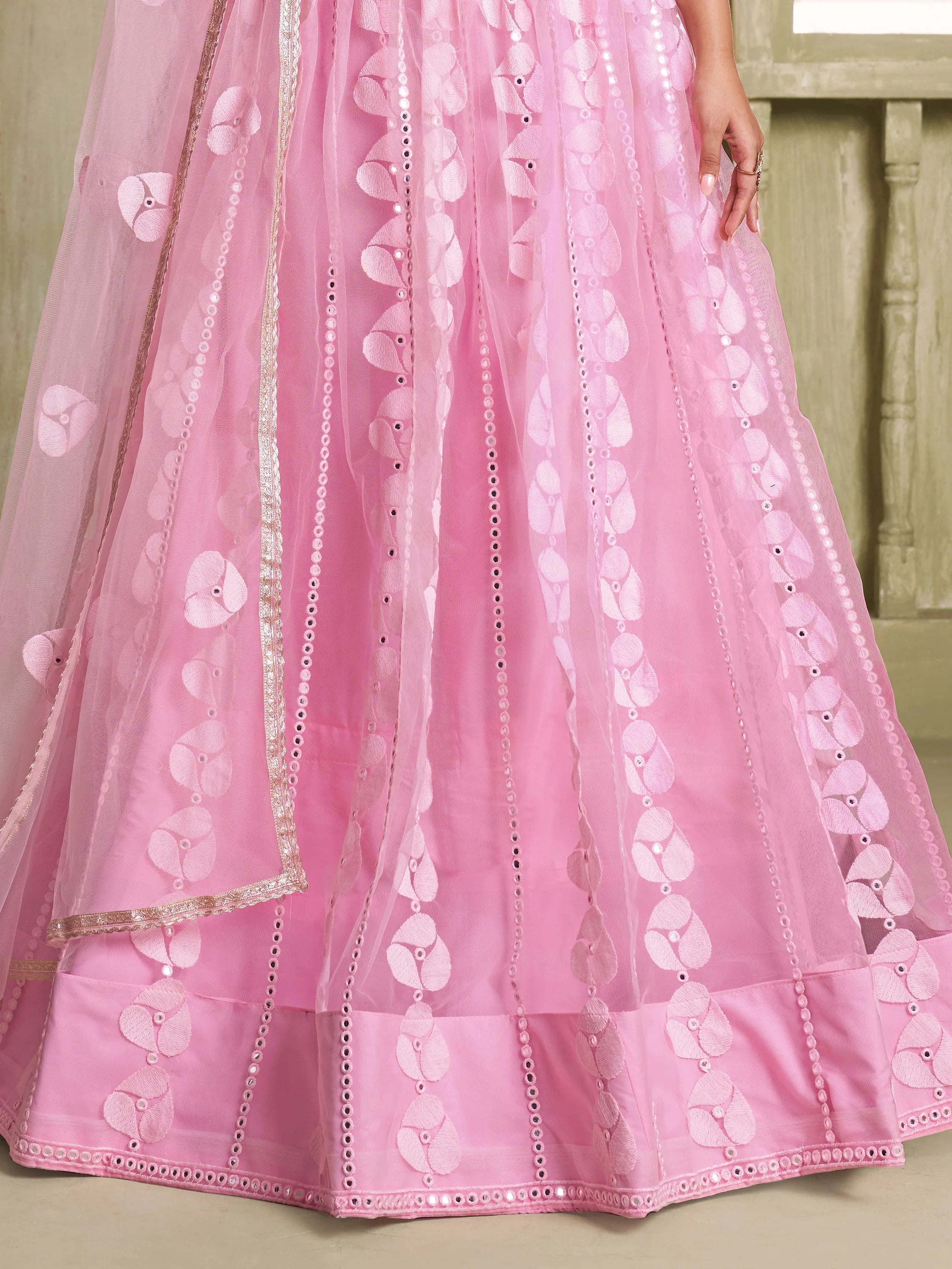 Pink Thread Embroidered Net Lehenga Choli With Dupatta for Women