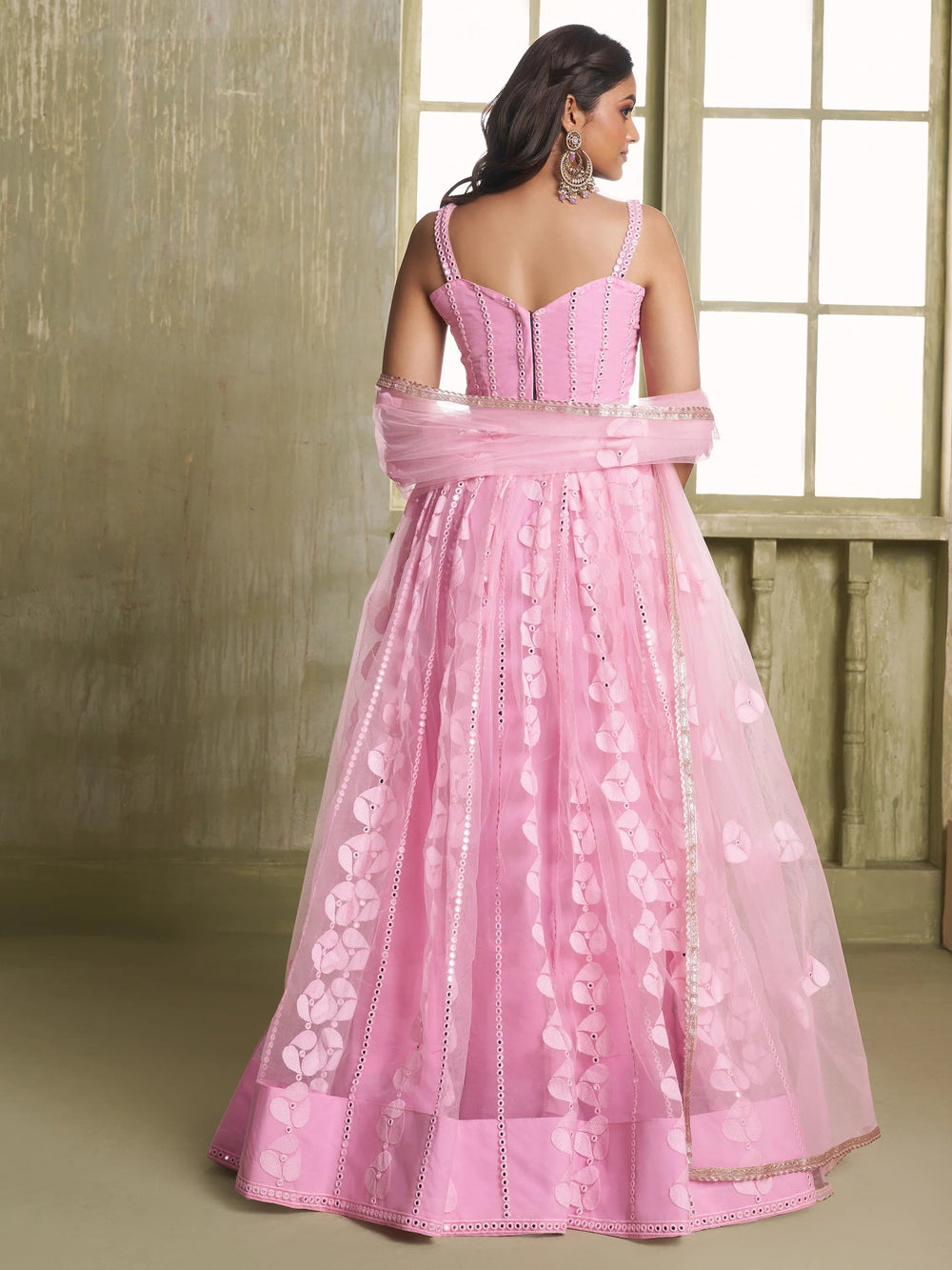 Pink Thread Embroidered Net Lehenga Choli With Dupatta for Women