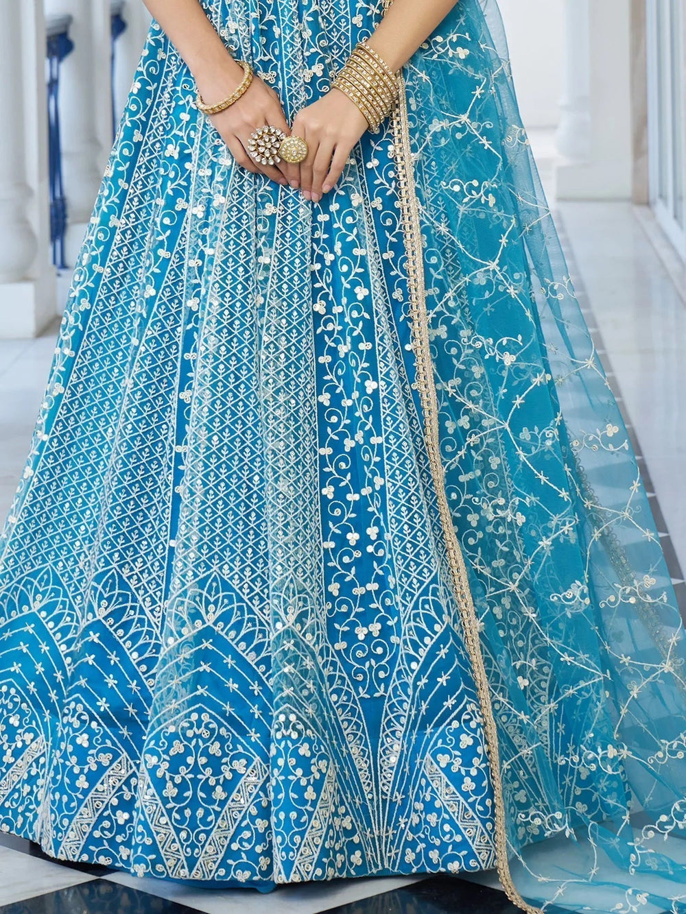 Sky Blue Embroidered Net Designer Lehenga Choli for Women