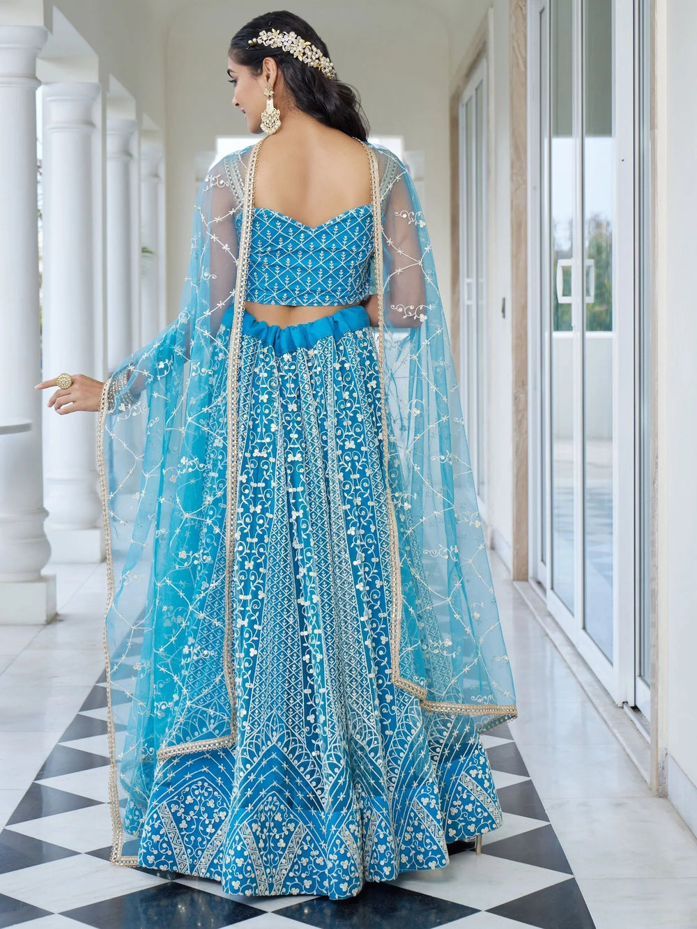 Sky Blue Embroidered Net Designer Lehenga Choli for Women