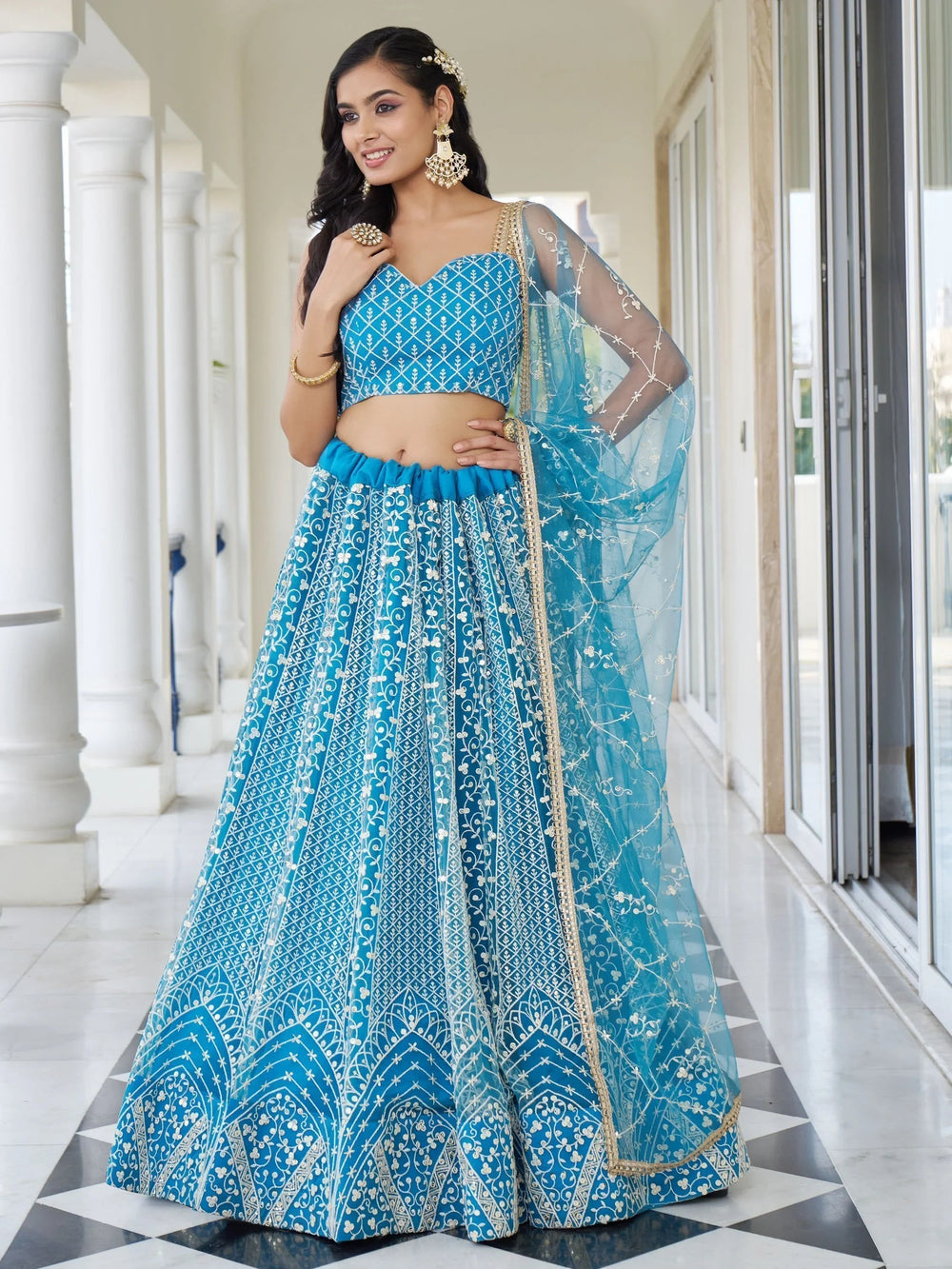 Sky Blue Embroidered Net Designer Lehenga Choli for Women