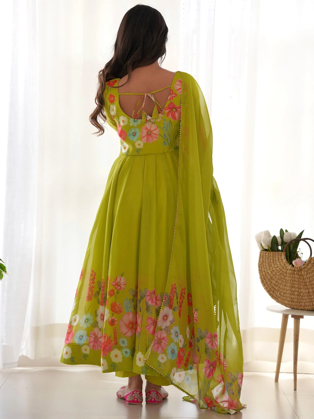 Green Floral Printed Organza Festive Wear Anarkali Suit for Women