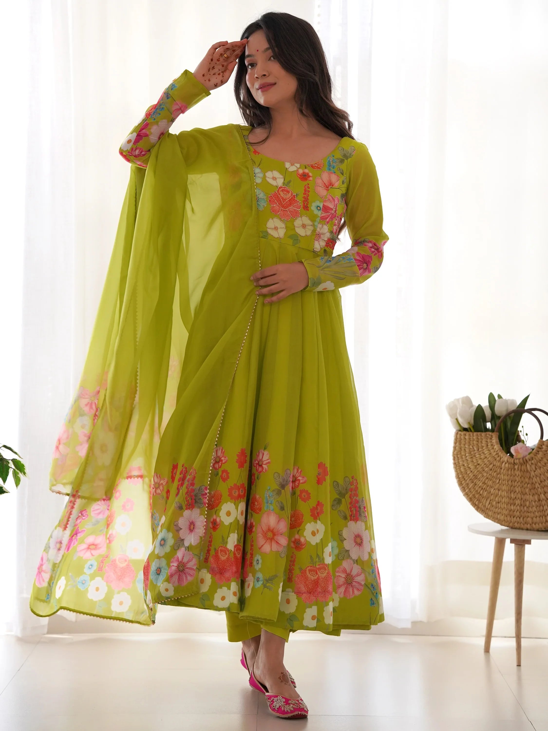 Green Floral Printed Organza Festive Wear Anarkali Suit for Women