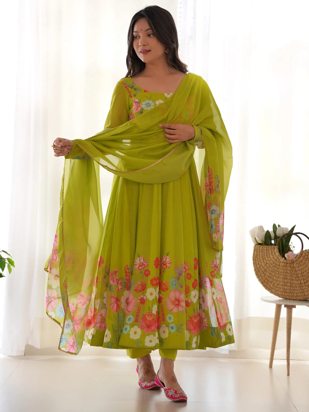 Green Floral Printed Organza Festive Wear Anarkali Suit for Women