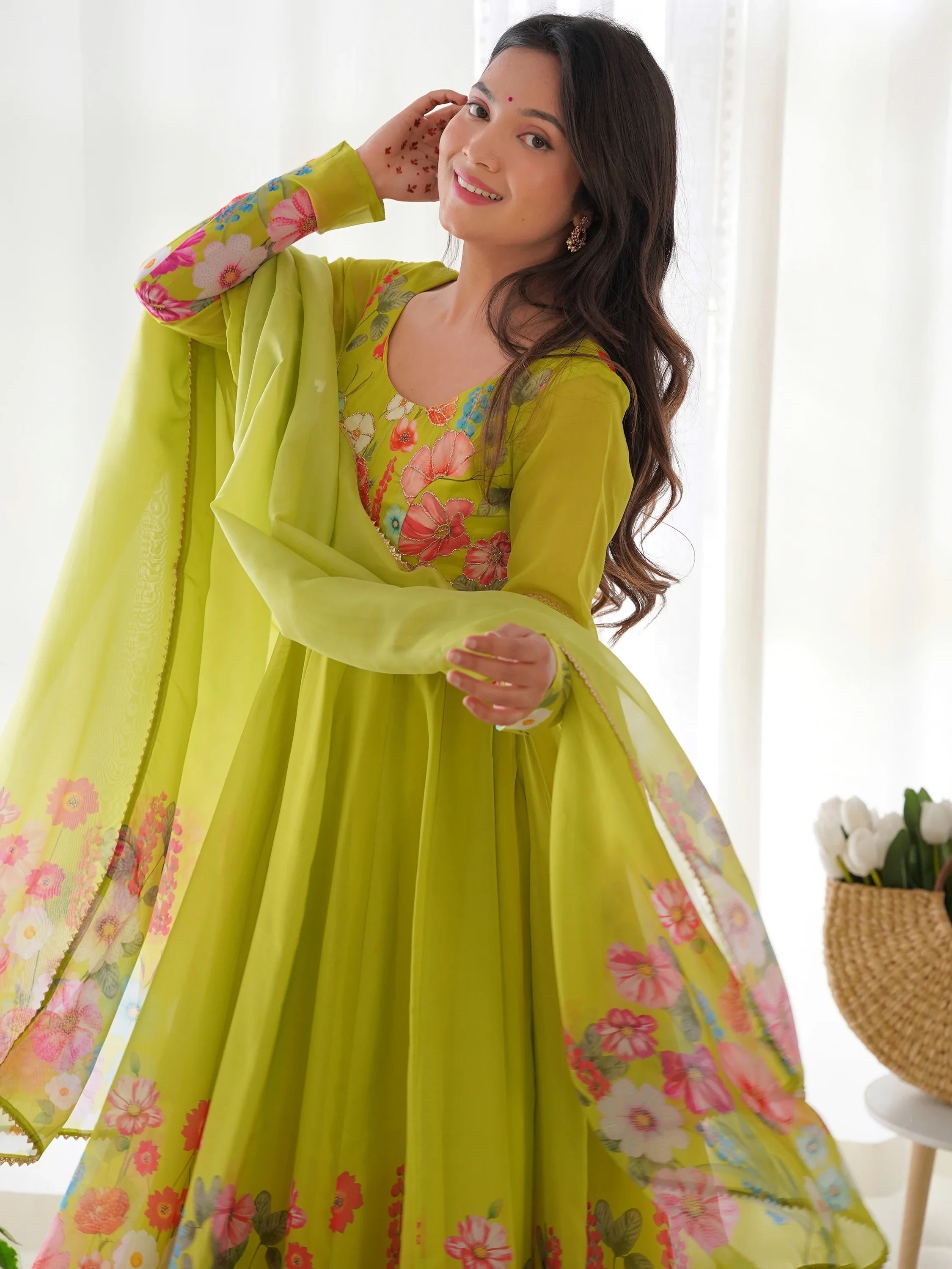 Green Floral Printed Organza Festive Wear Anarkali Suit for Women
